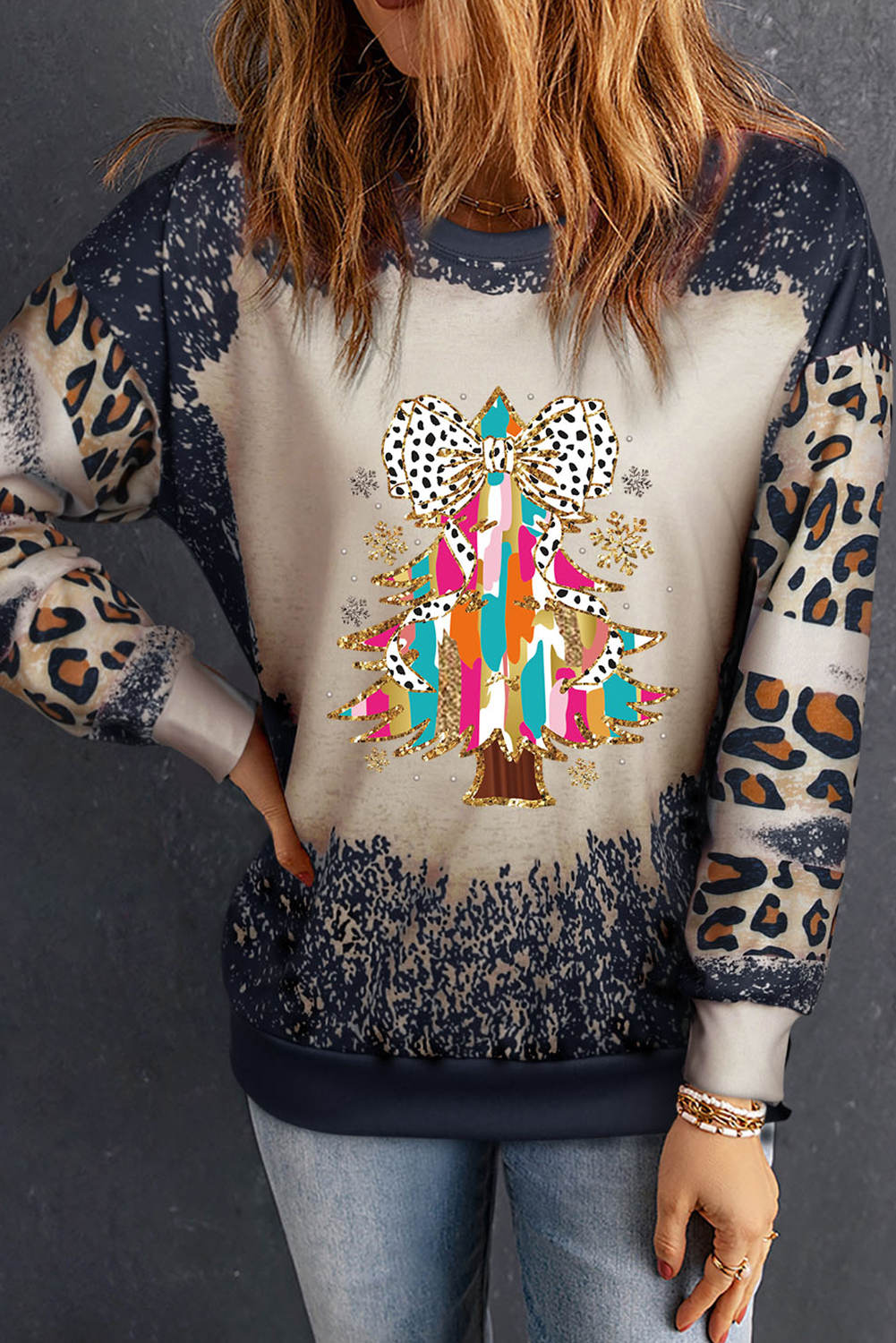 Black Christmas Tree Graphic Bleached Leopard Tie Dye Sweatshirt - loveforevers