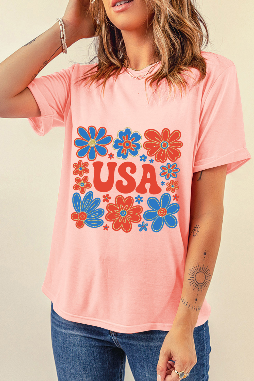 Pink Shimmer Flower USA Letter Printed Casual T Shirt - loveforevers