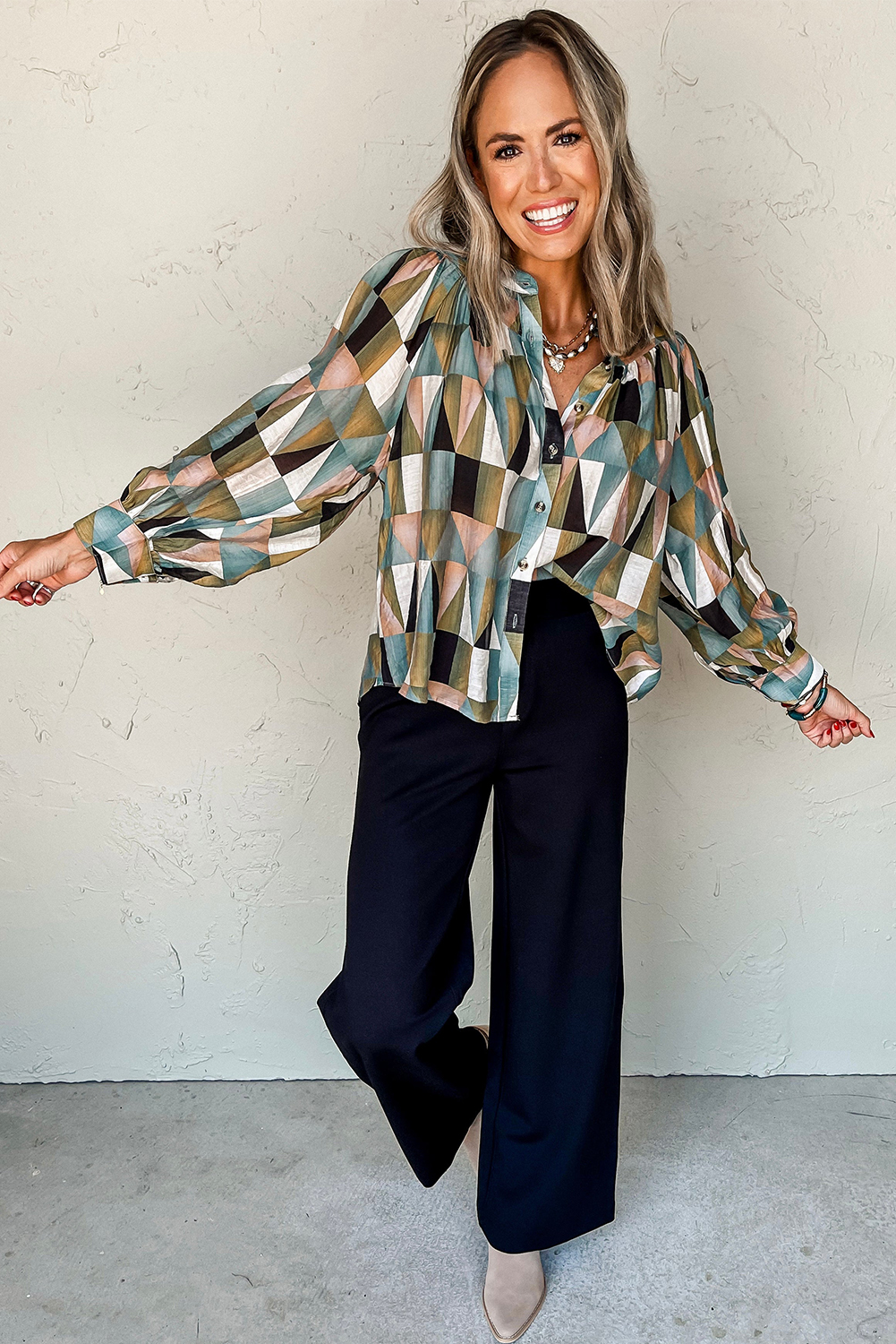 Green Geometric Print Buttoned Balloon Sleeve Loose Fit Shirt - loveforevers