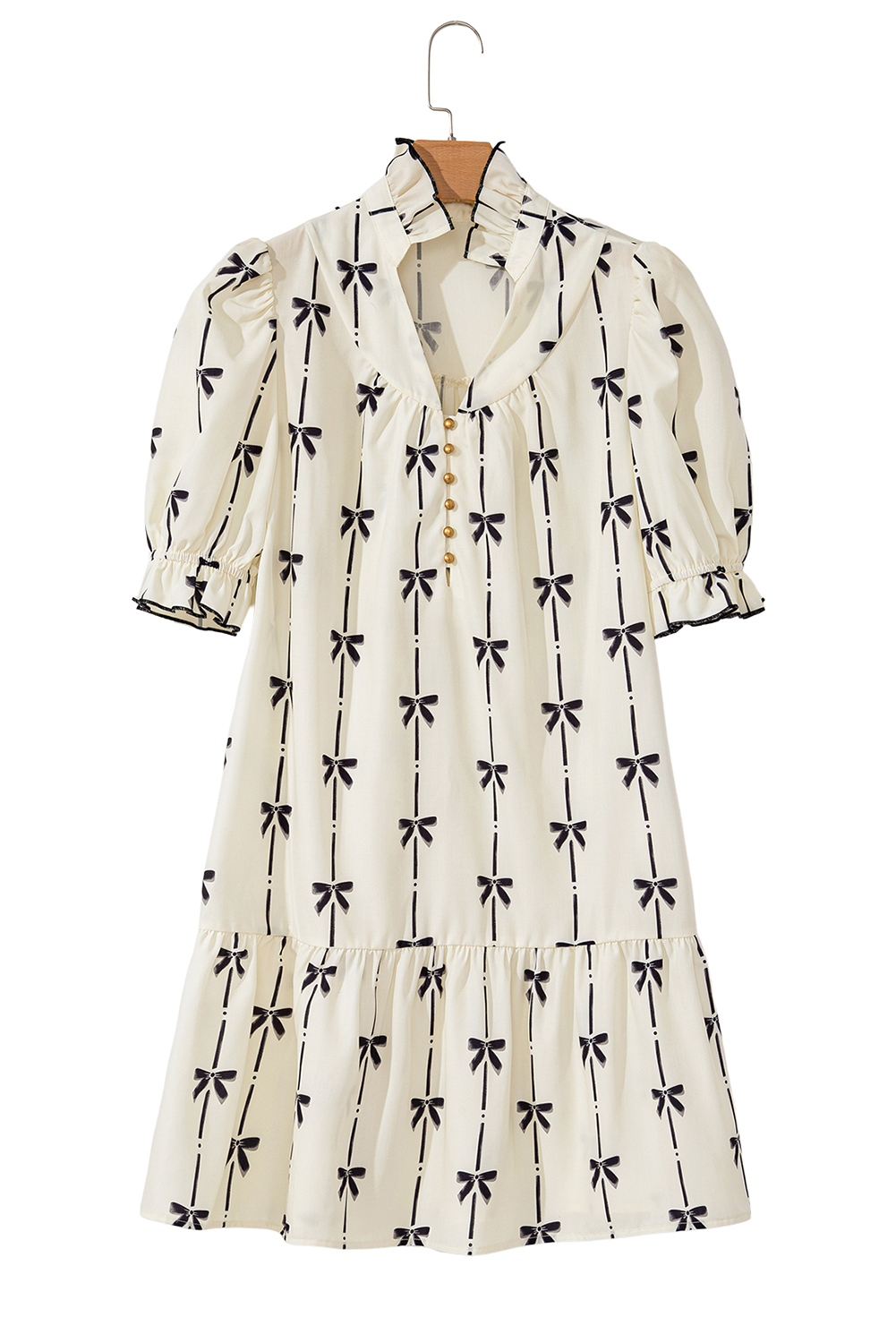 Beige Cute Bowknot Printed Bubble Sleeve V Neck Mini Dress - loveforevers