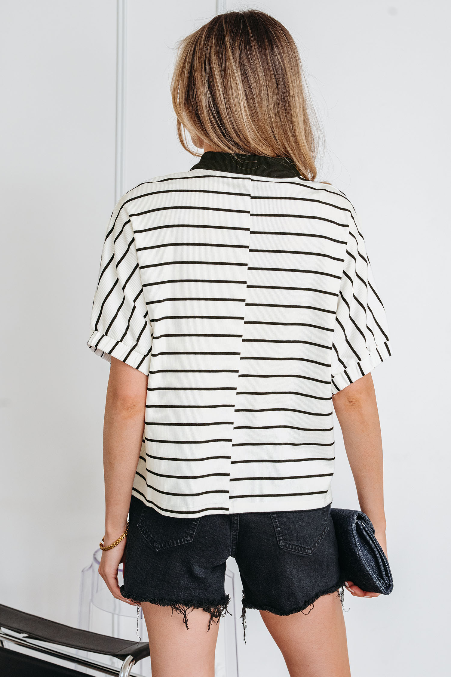 White Stripe Stand Collar V Neck Elastic Cuffs Half Sleeve Dolman Top - loveforevers