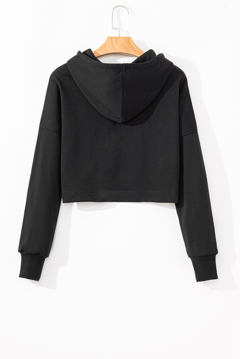 Black Solid Drop Shoulder Drawstring Cropped Hoodie - loveforevers