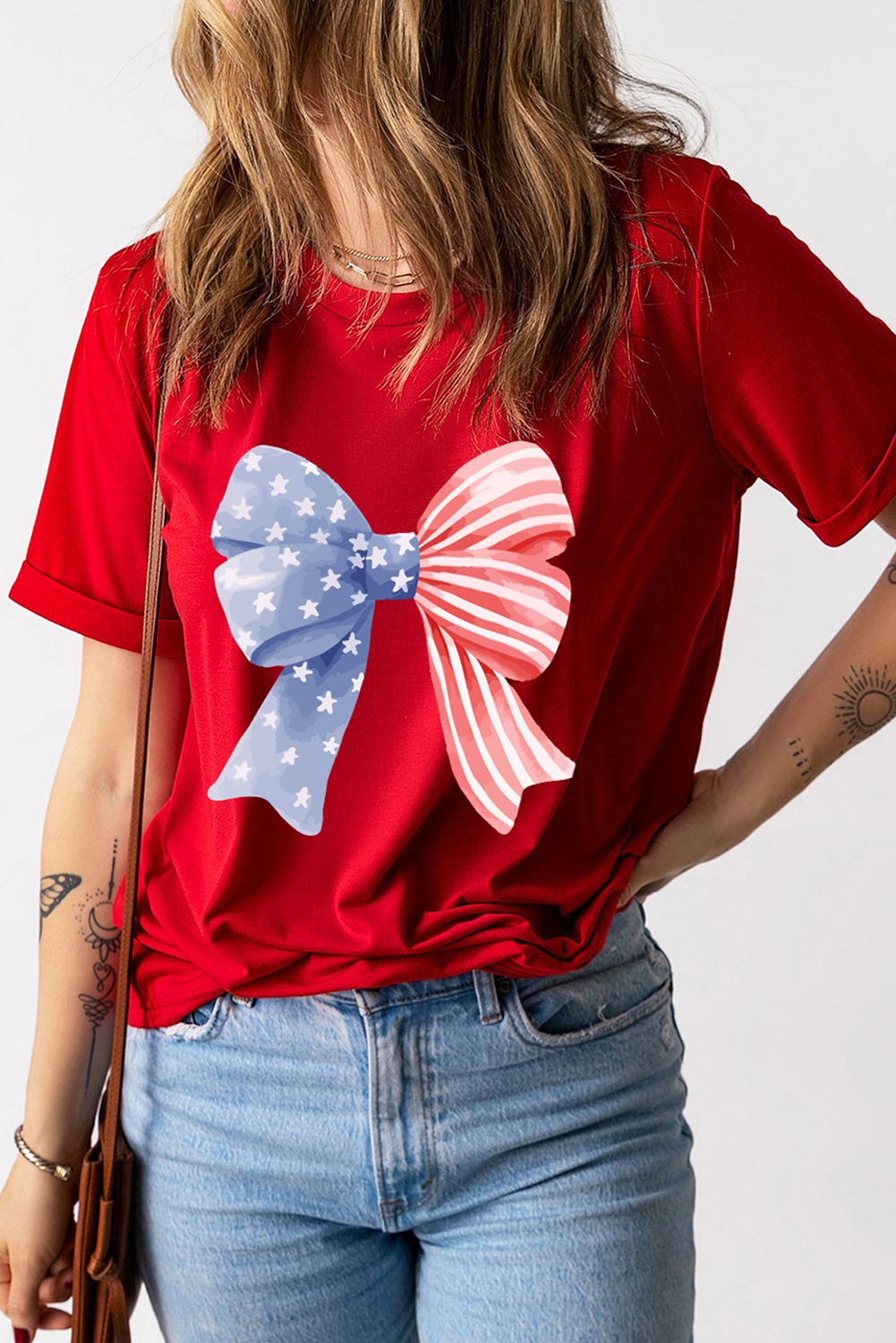 Red Stars and Stripes Bow Print Independence Day T Shirt - loveforevers