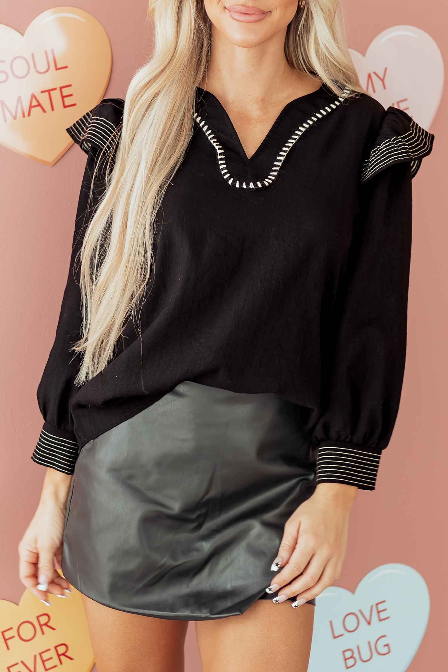 Black Contrast Stitched Detail V Neck Ruffle Long Sleeve Blouse - loveforevers