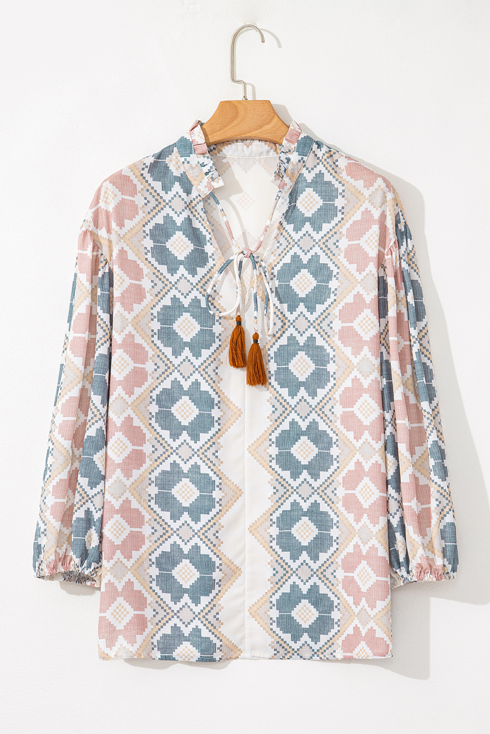 Khaki Geometric Print Tassel Tie Split Neck Balloon Sleeve Blouse - loveforevers