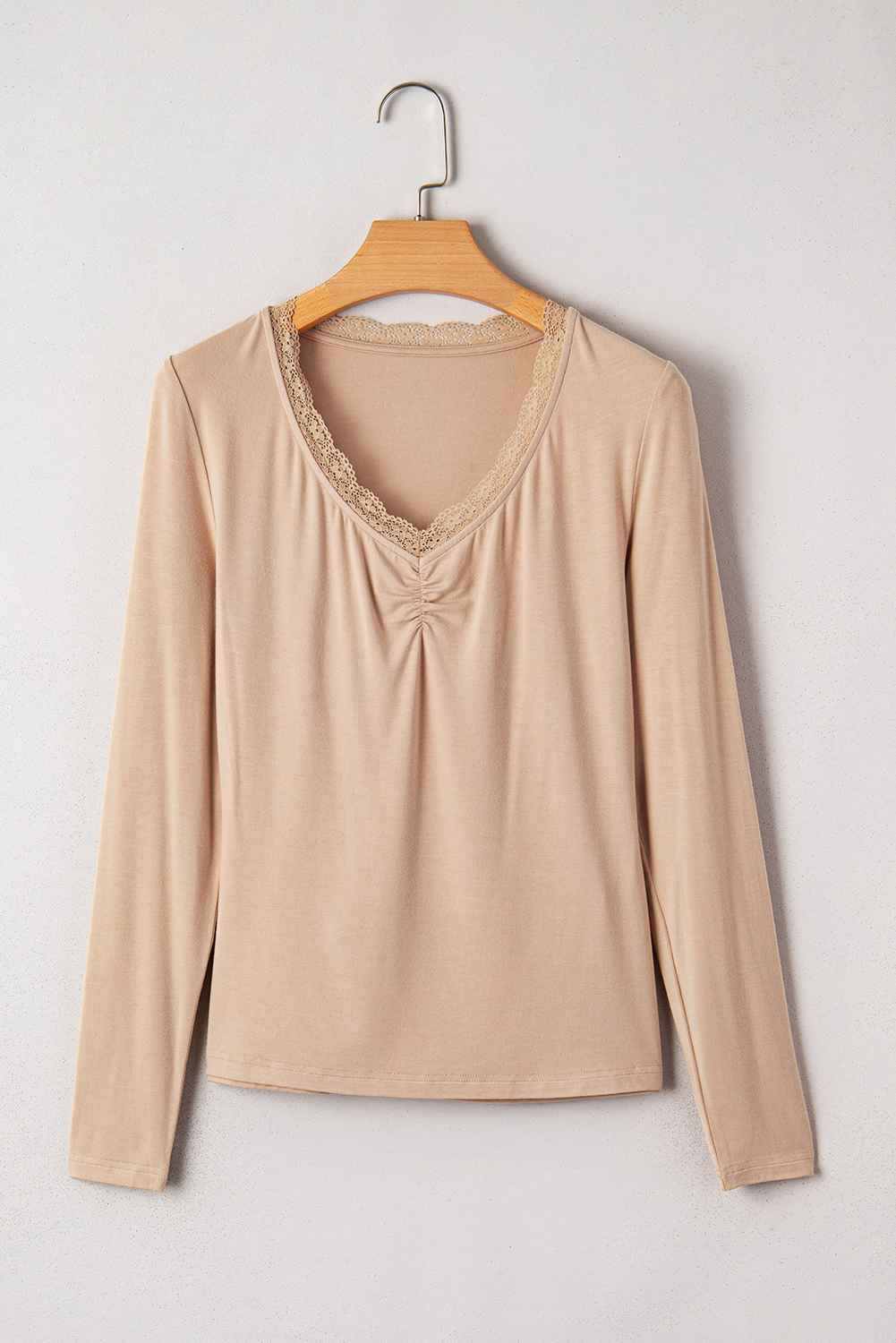 Red Dahlia Lace-trimmed Sweetheart Neckline Ruched Detail Long Sleeve T-shirt - loveforevers
