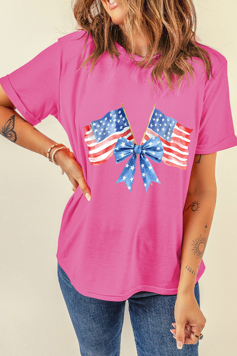 Sachet Pink Dual American Flag Bow Printed Casual T Shirt - loveforevers