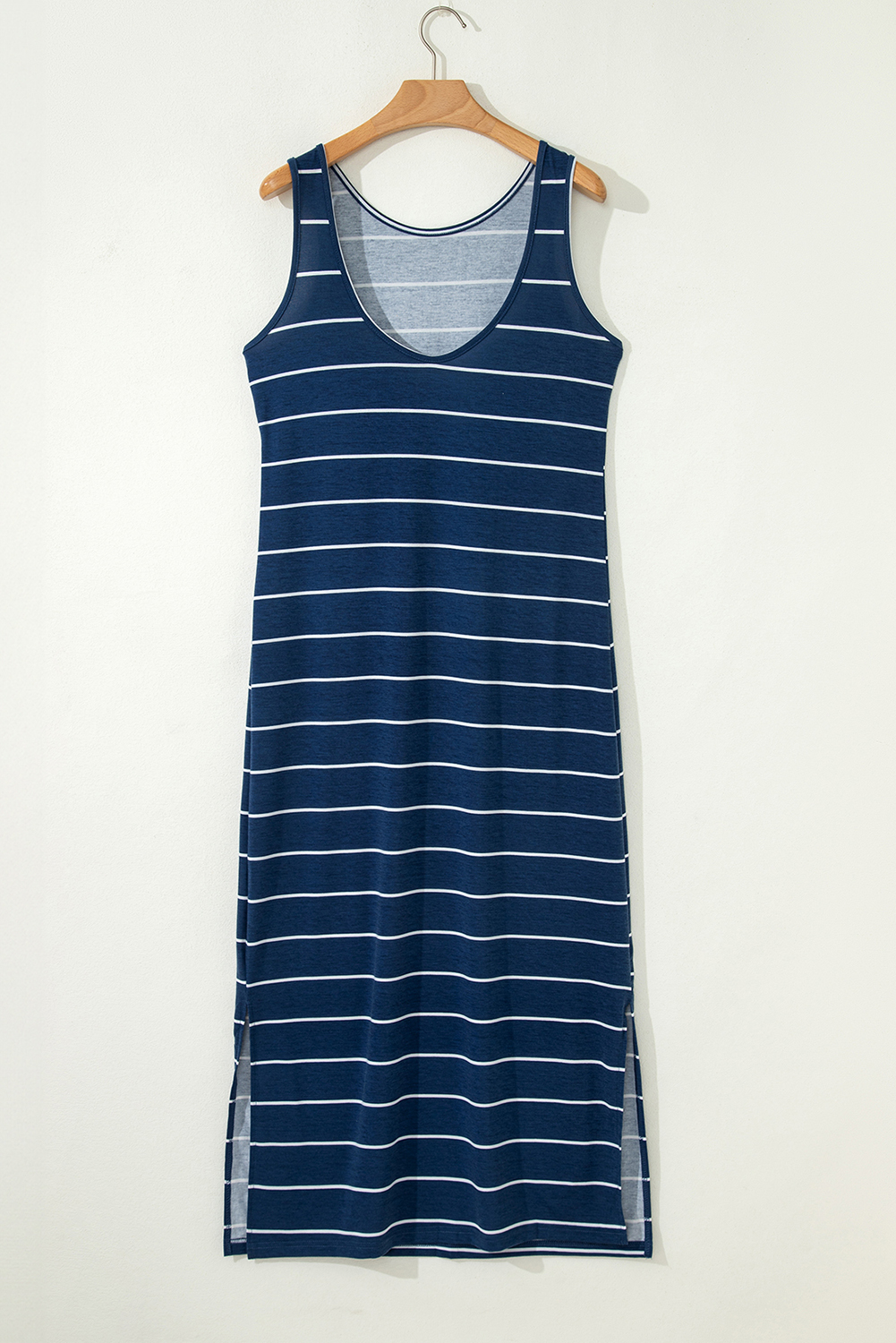Blue Gray Stripe Print Open Back Sleeveless Maxi Dress with Slits - loveforevers