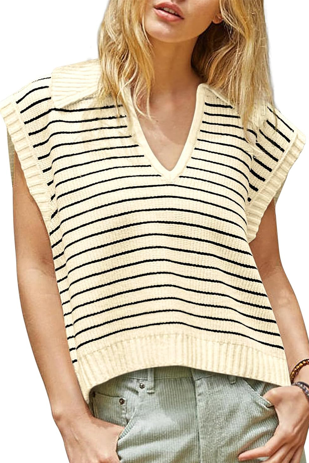 Beige Stripe Turn-down V Neck Sweater Tank Top - loveforevers