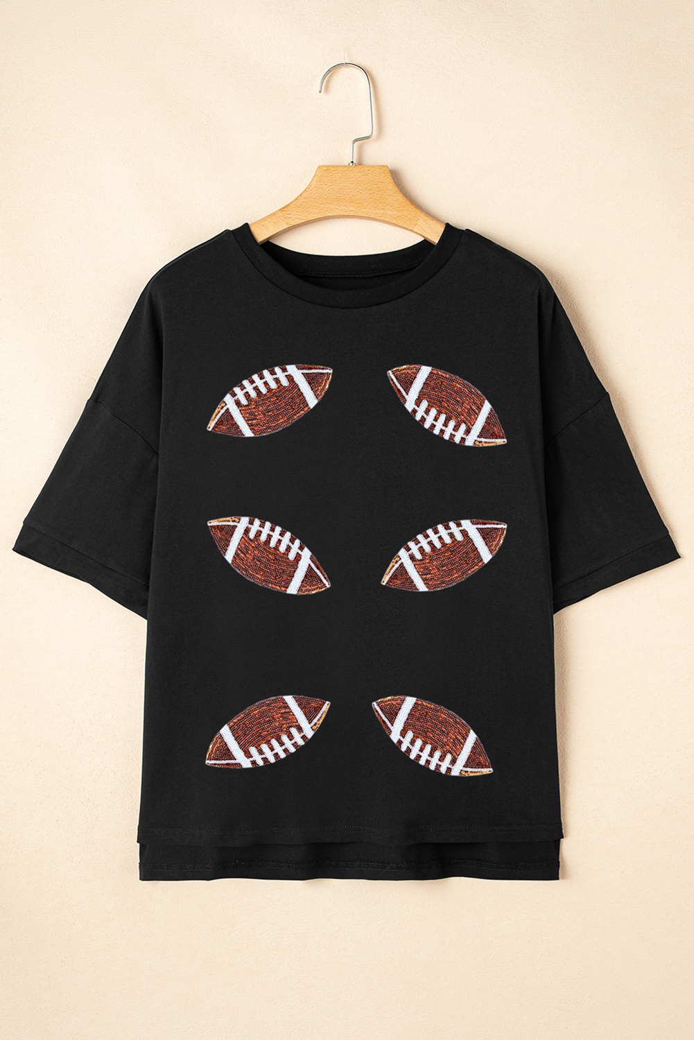 Black Sequin Rugby Football Patched Crewneck Loose T Shirt - loveforevers