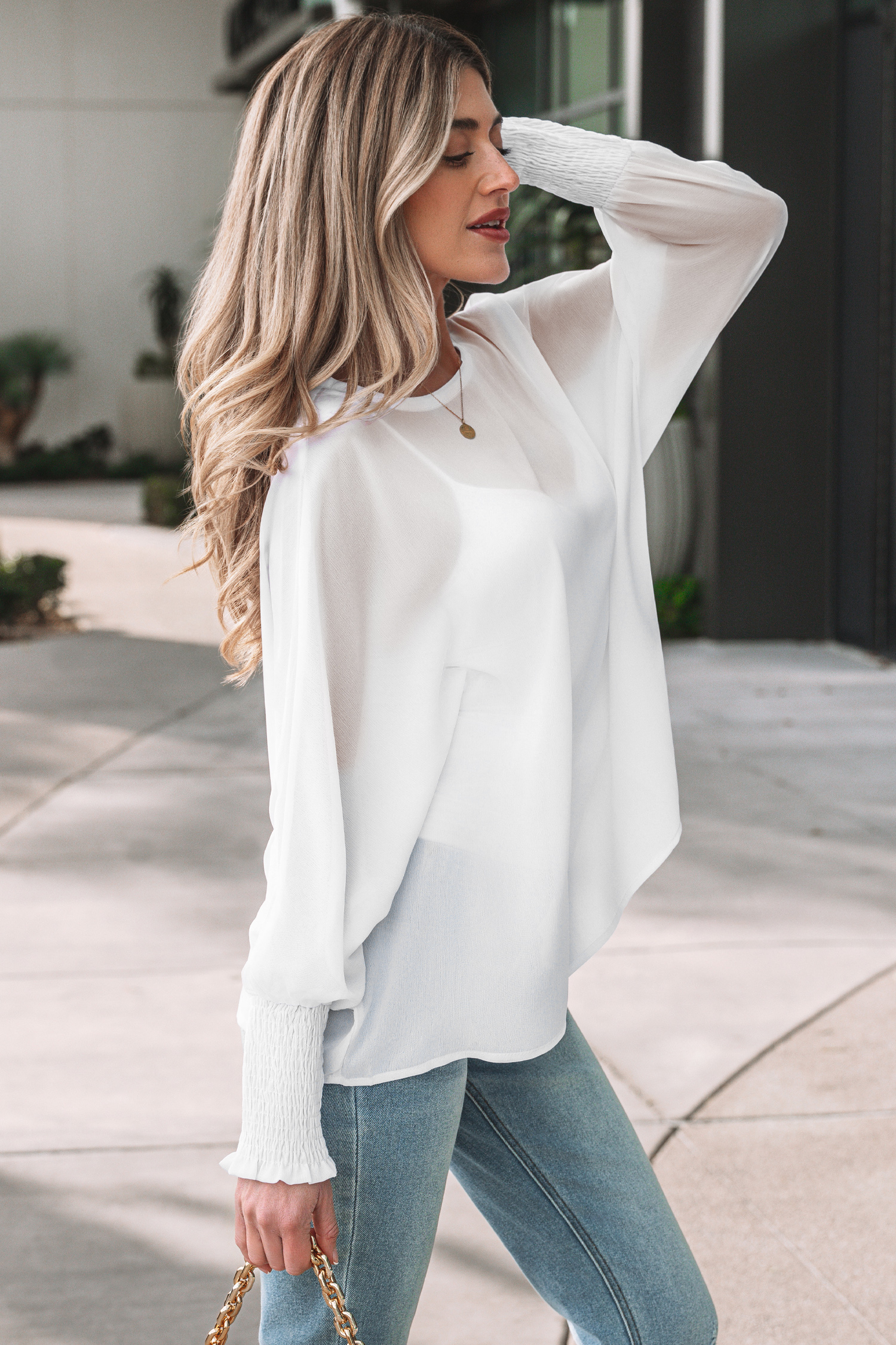 White Smocked Cuffs Semi Sheer Long Sleeve Dolman Blouse - loveforevers