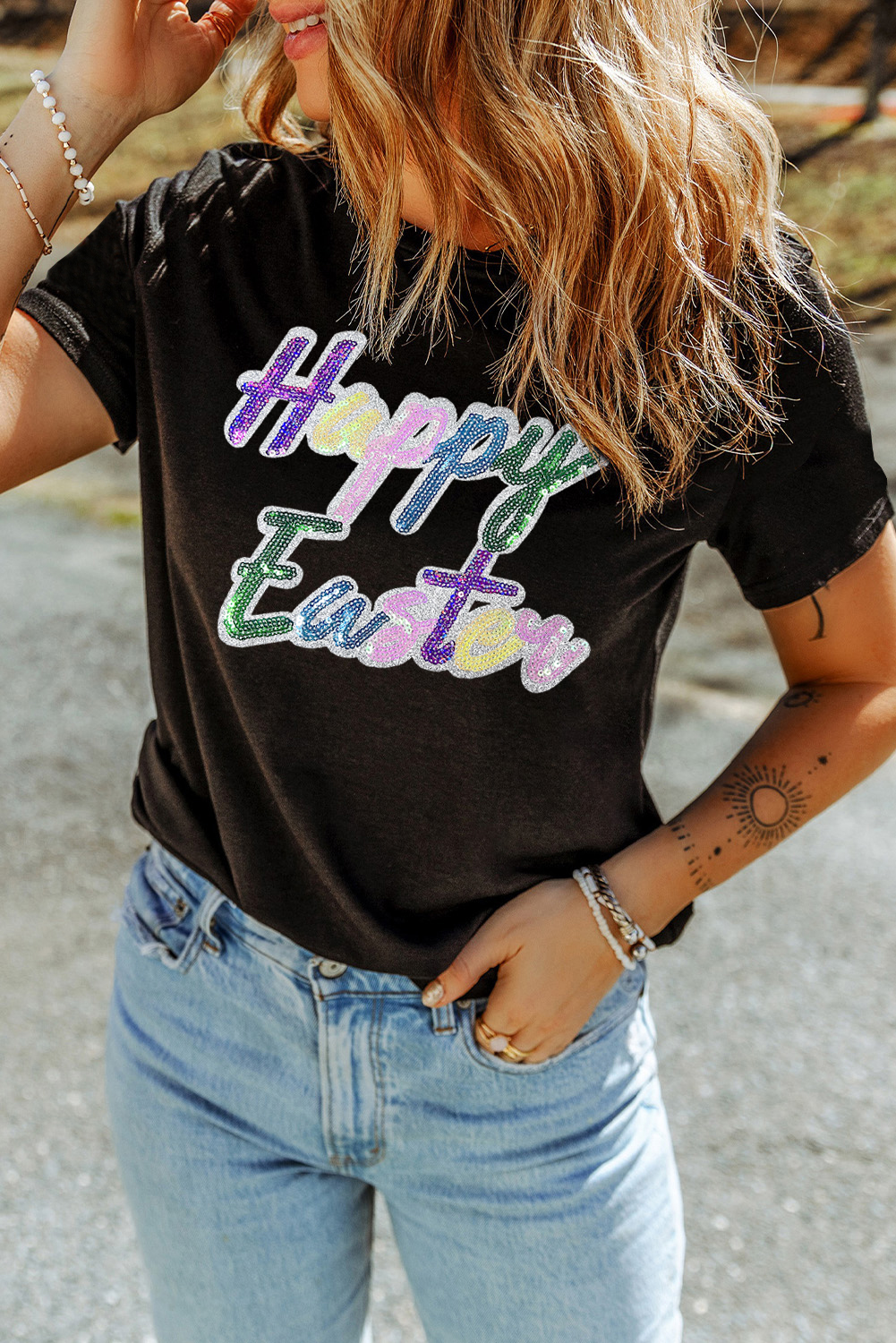 Black Sequined Happy Easter Graphic Tee - loveforevers
