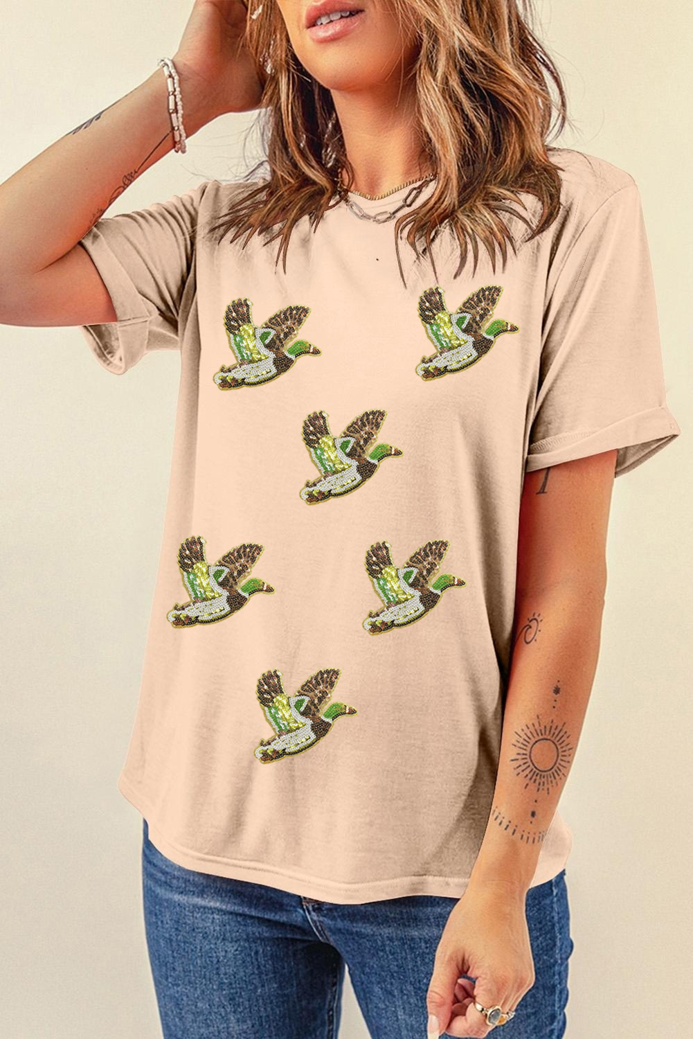 Khaki Flying Mallard Sequin Patched Graphic Tee - loveforevers