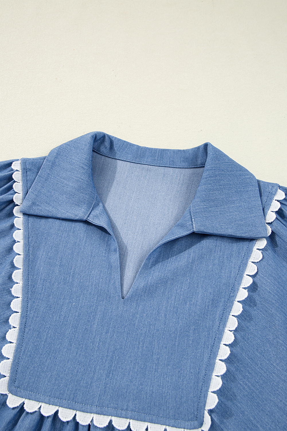 Dusk Blue Lace Ric Rac 3/4 Puff Sleeve Collared Babydoll Blouse - loveforevers