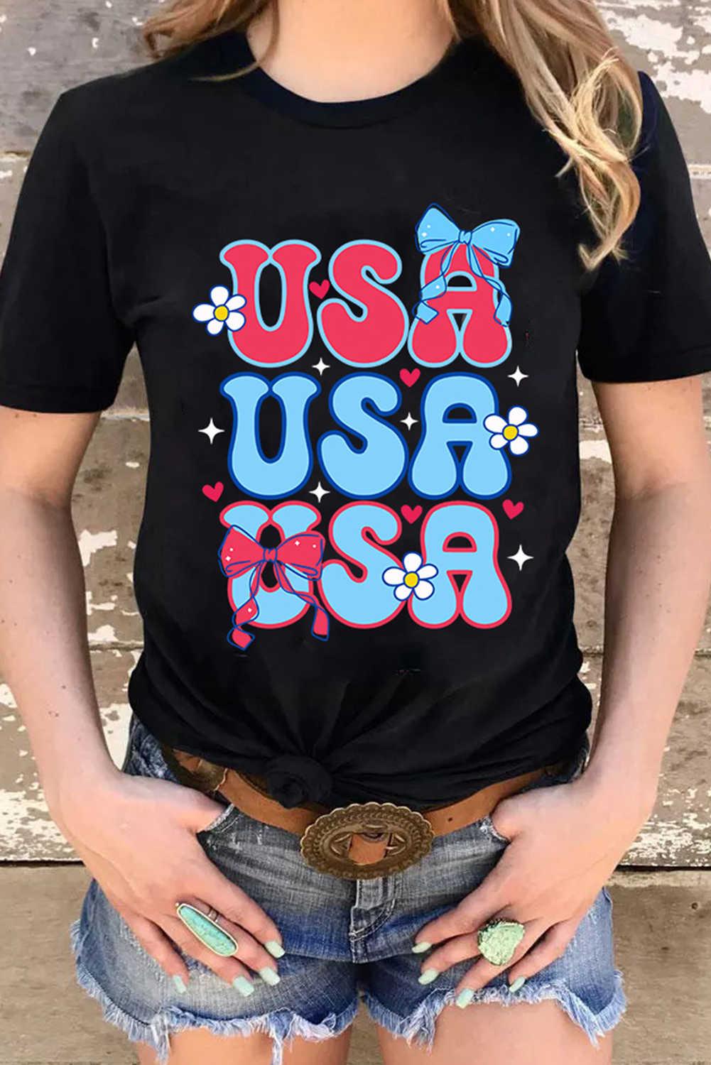 Black July 4th Cute Flower Bow USA Letter Graphic Tee - loveforevers