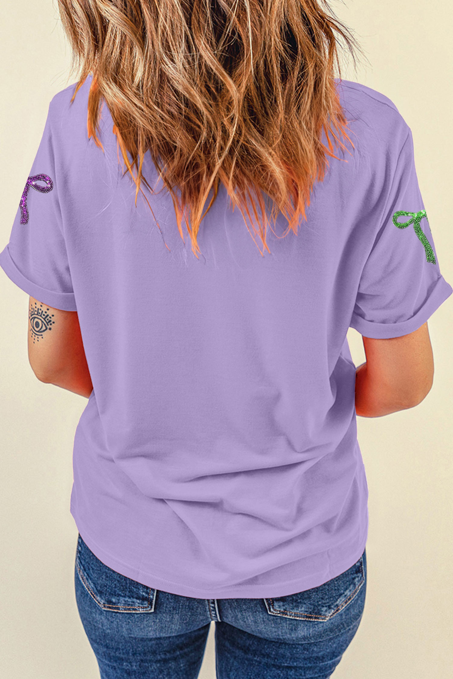 Wisteria Mardi Gras Sequin Bow Crew Neck T Shirt - loveforevers