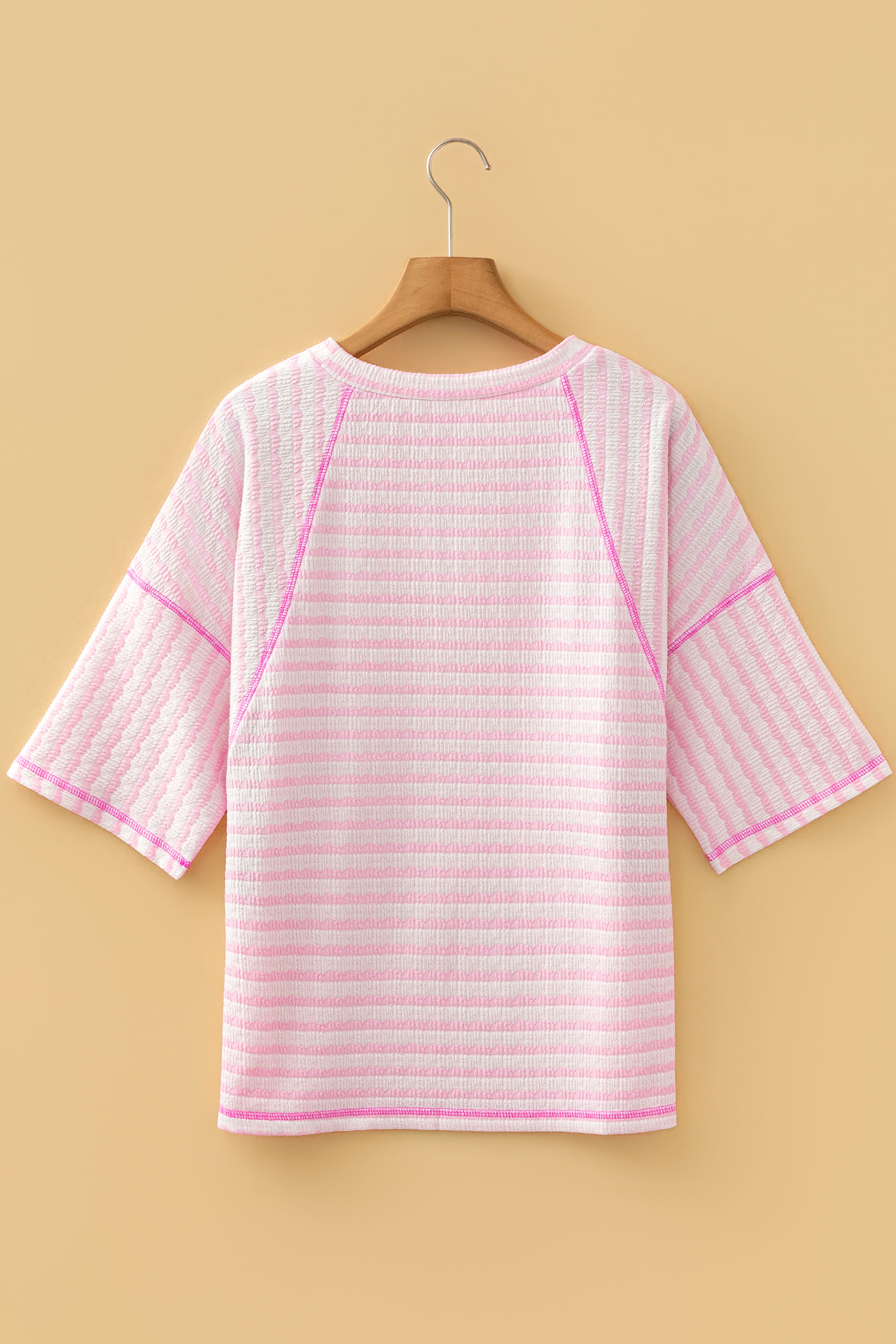 Pink Stripe Textured Knit Split Hem Half Sleeve Loose Top - loveforevers