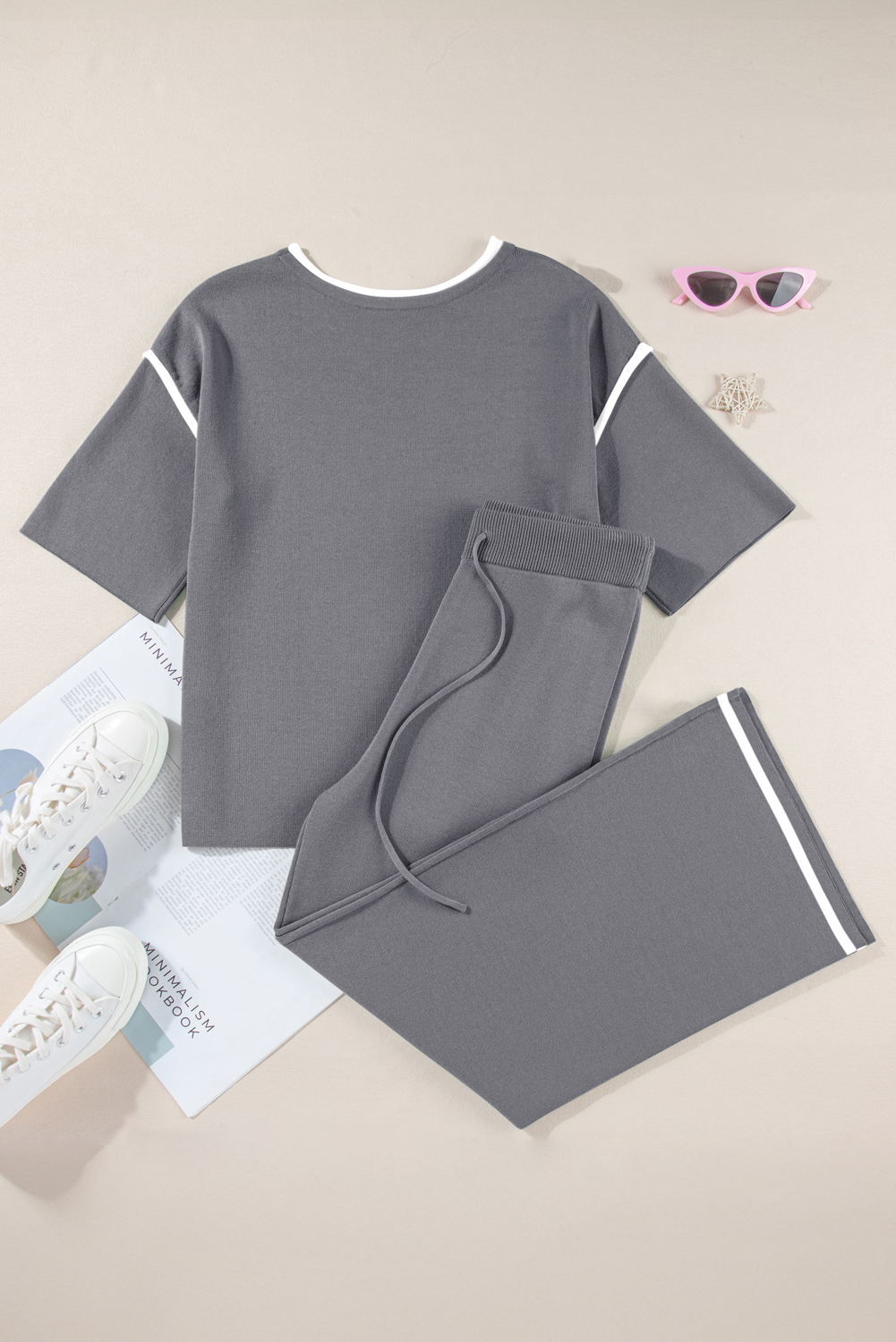 Blackish Green Contrast Trim Half Sleeve Top Drawstring Pants Loose 2pcs Sweater Suit - loveforevers