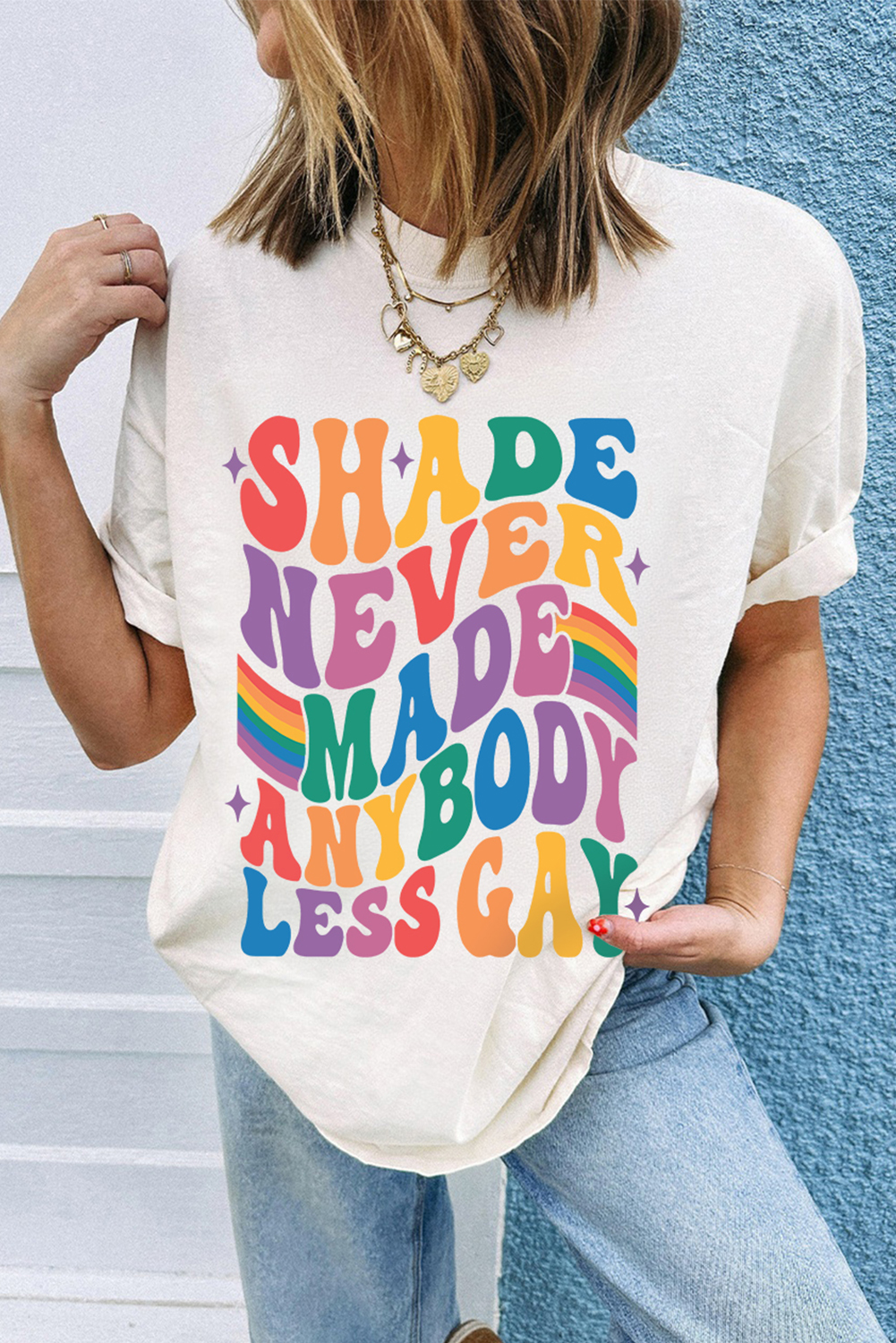White SHADE NEVER MADE ANYBODY LESS GAY Pride Graphic Tee - loveforevers