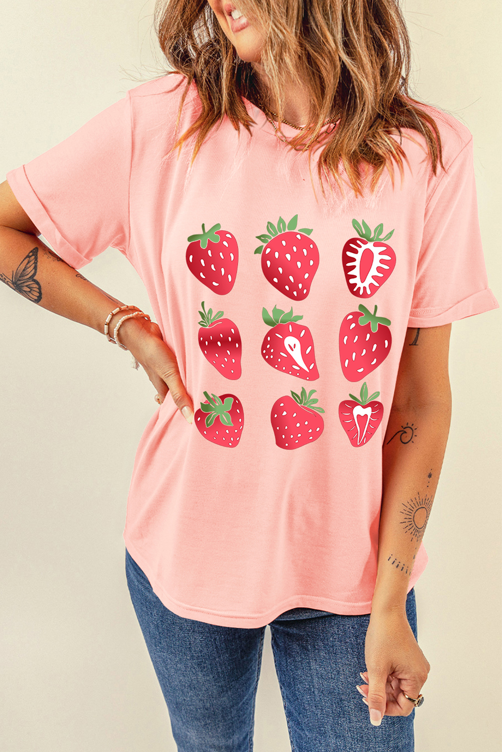 Pink Strawberry Fruit Pattern Graphic Tee - loveforevers