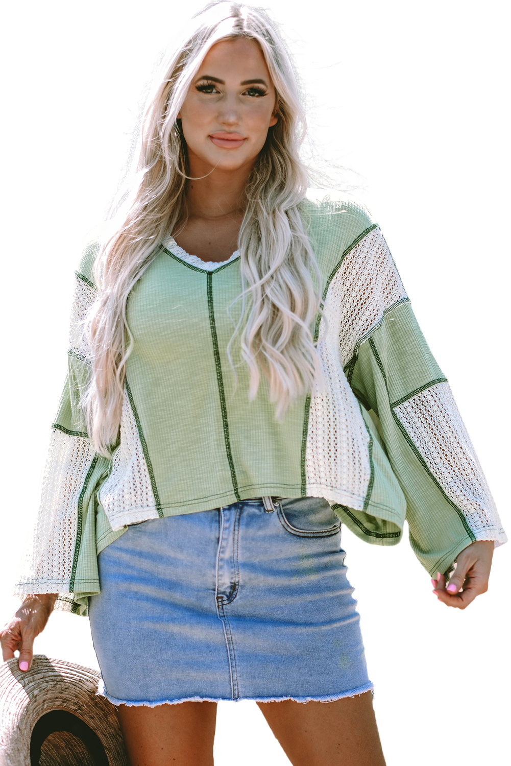 Grass Green Crochet Detail Exposed Seam High Low Loose Top - loveforevers