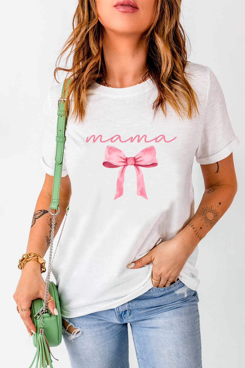 White MAMA Bowknot Graphic Crewneck Tee - loveforevers