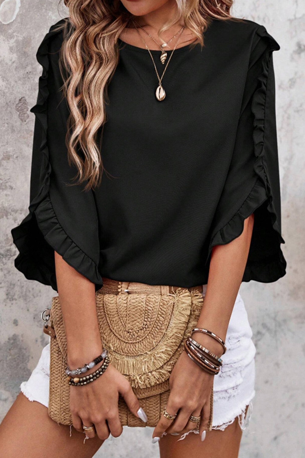 Black Ruffle Trimmed 3/4 Sleeve Round Neck Blouse - loveforevers