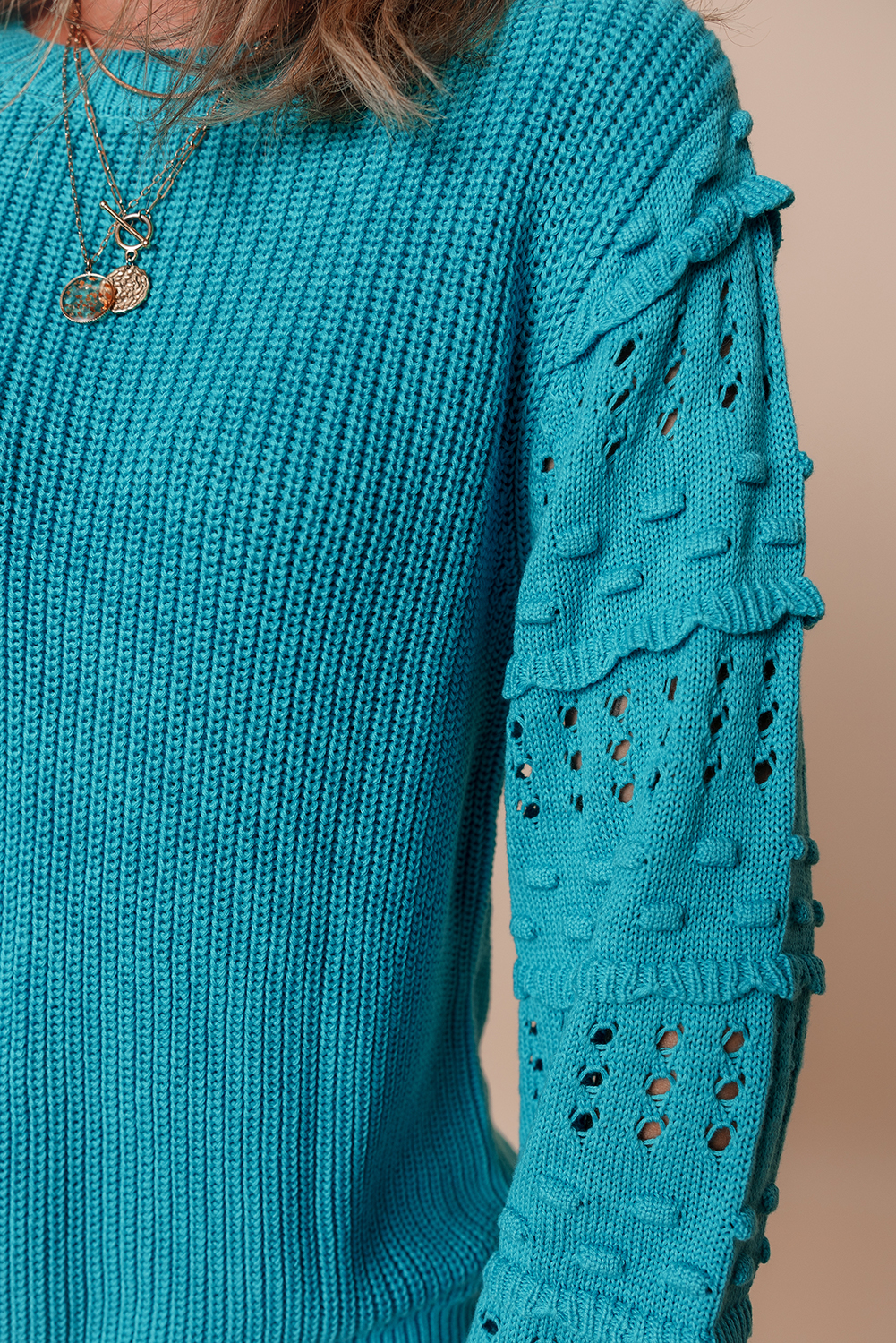 Turquoise Ruffled Eyelet Bubble Sleeve Sweater - loveforevers
