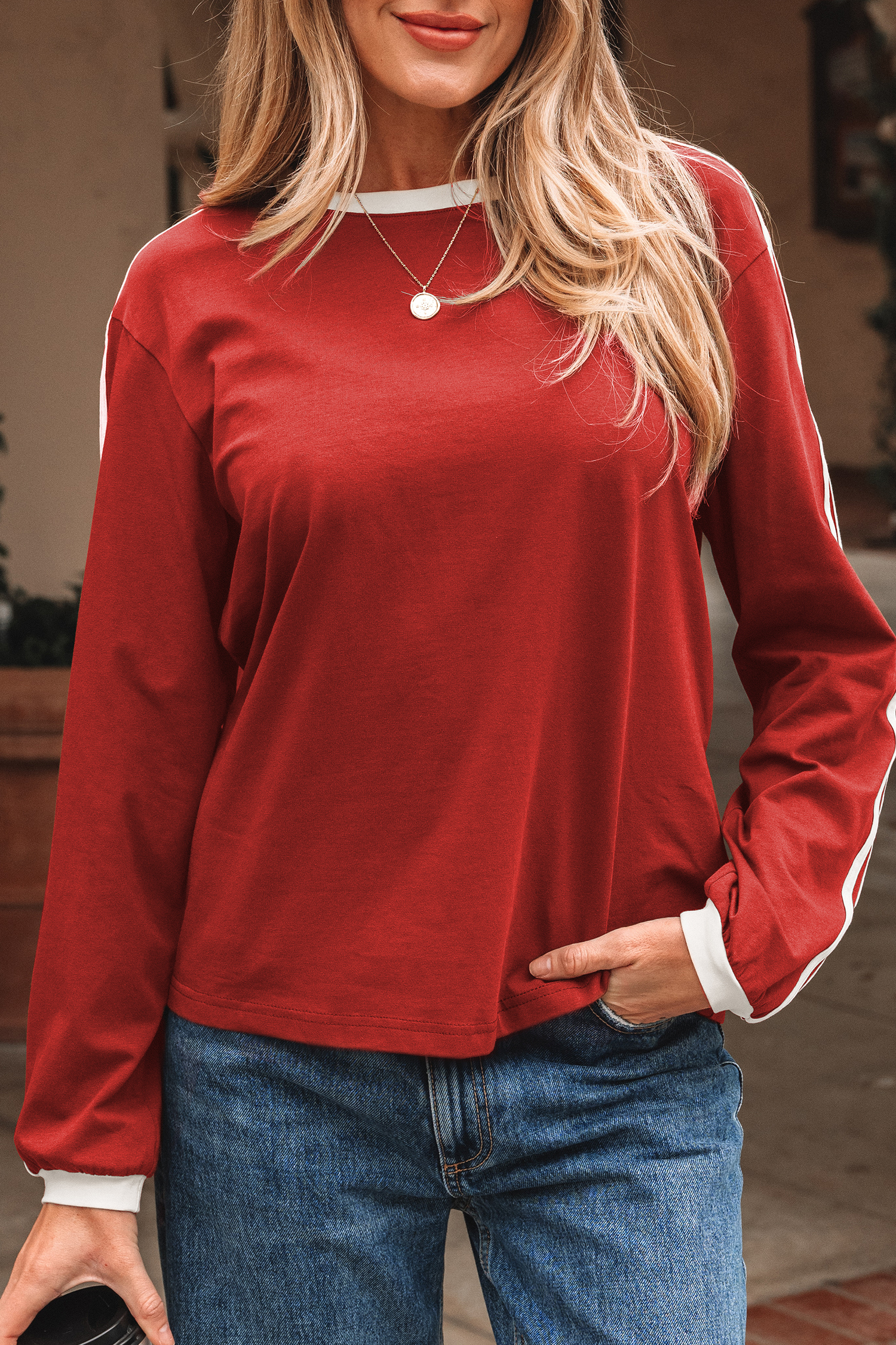 Dark Brown Varsity Striped Accent Contrast Crew Neck Long Sleeve T Shirt - loveforevers