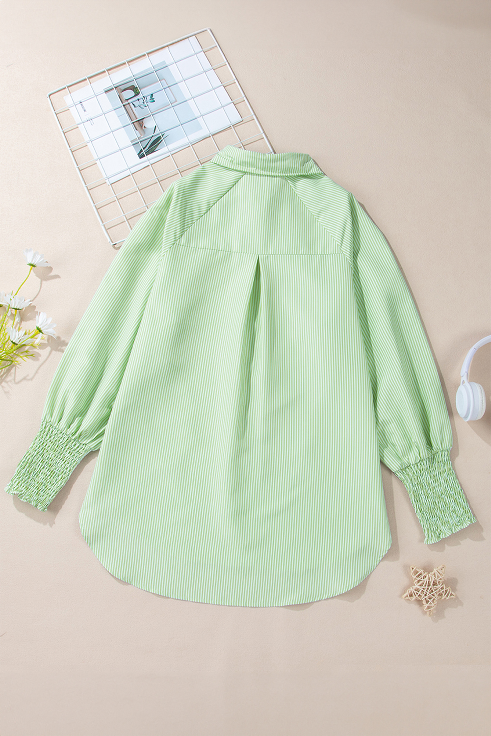 Grass Green Striped Shirred Cuff Buttoned Loose Fit Shirt - loveforevers