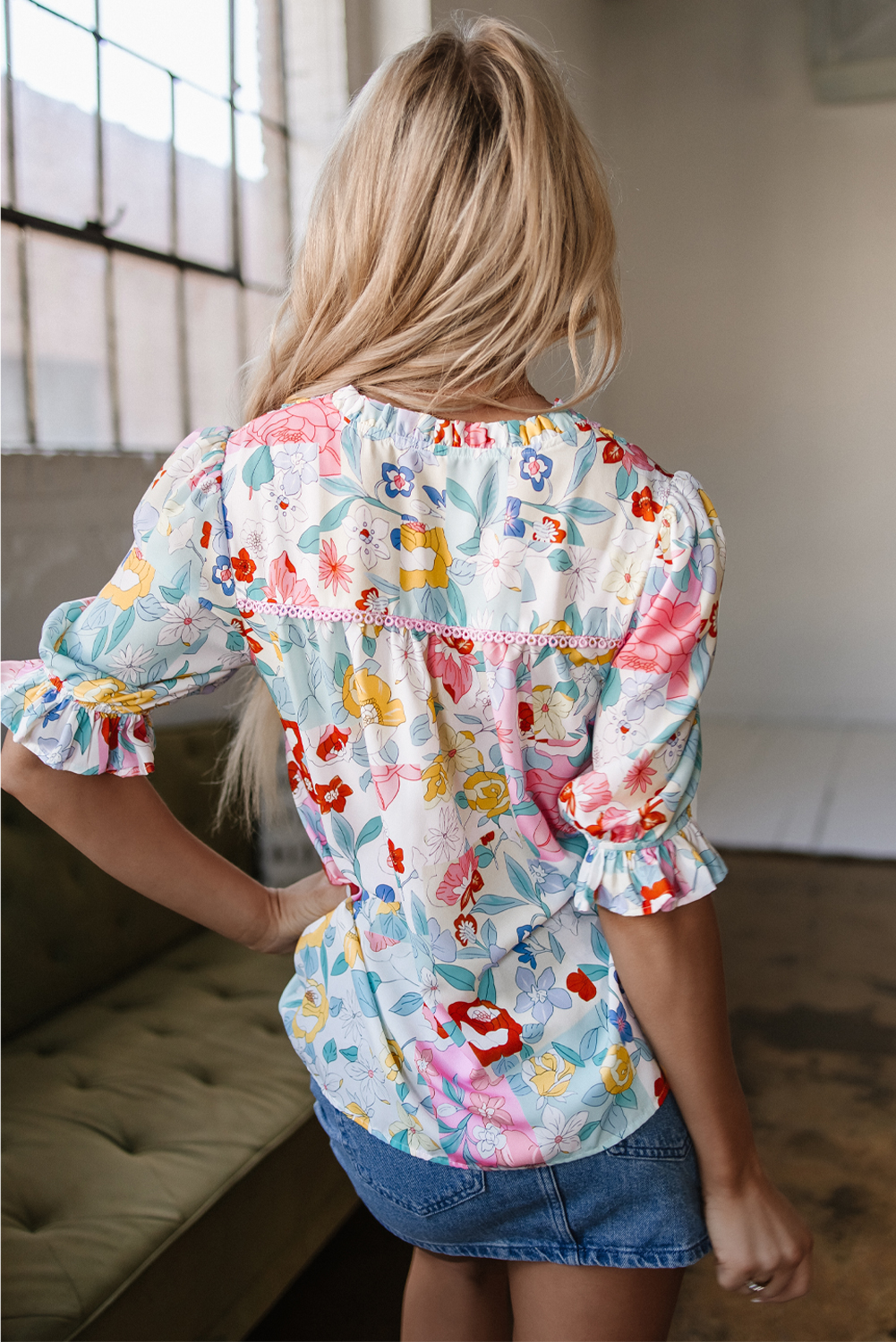 Pink Boho Flower Print Half Puff Sleeve Blouse - loveforevers