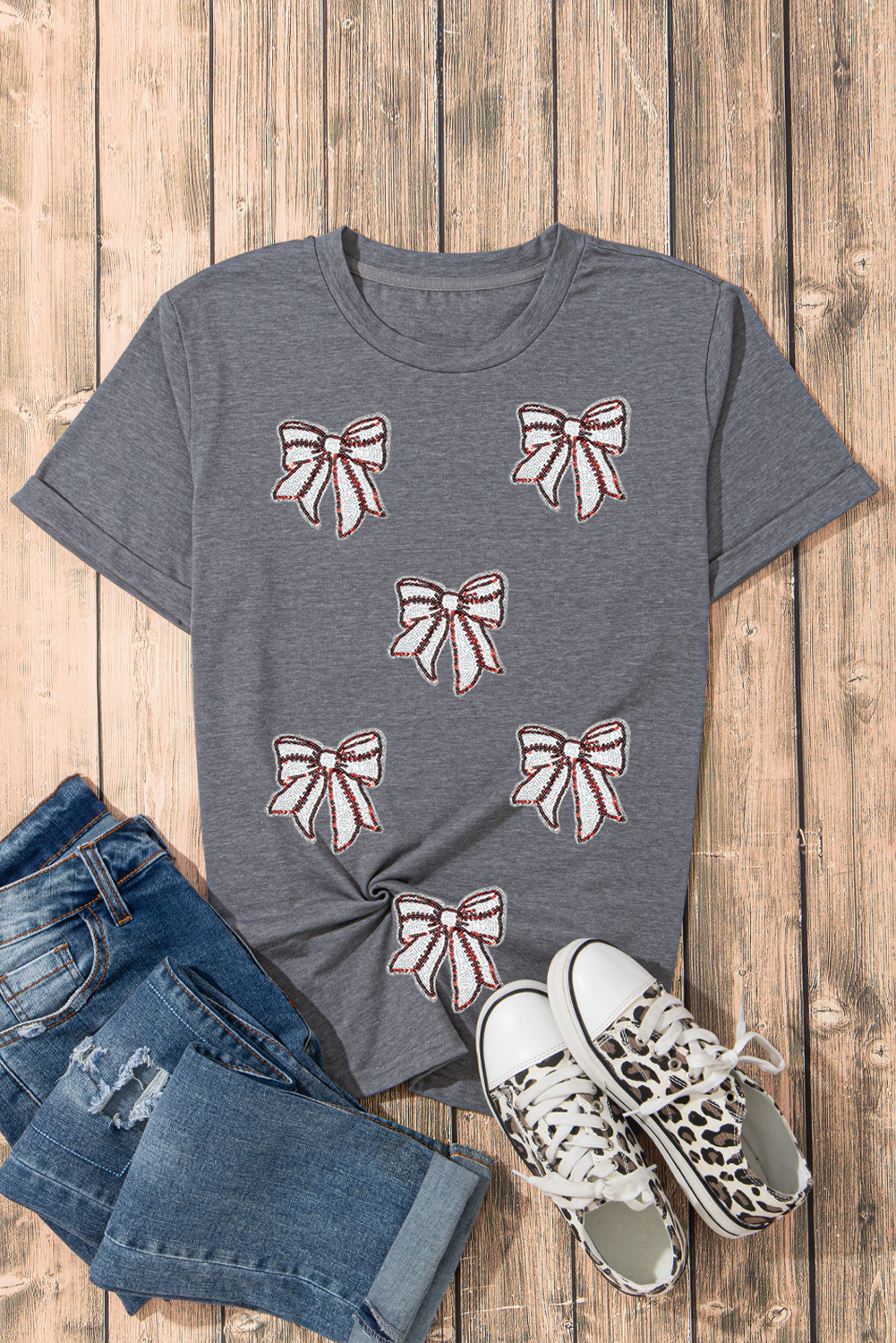 Gray Sequin Bow Baseball Fashion Graphic Tee - loveforevers