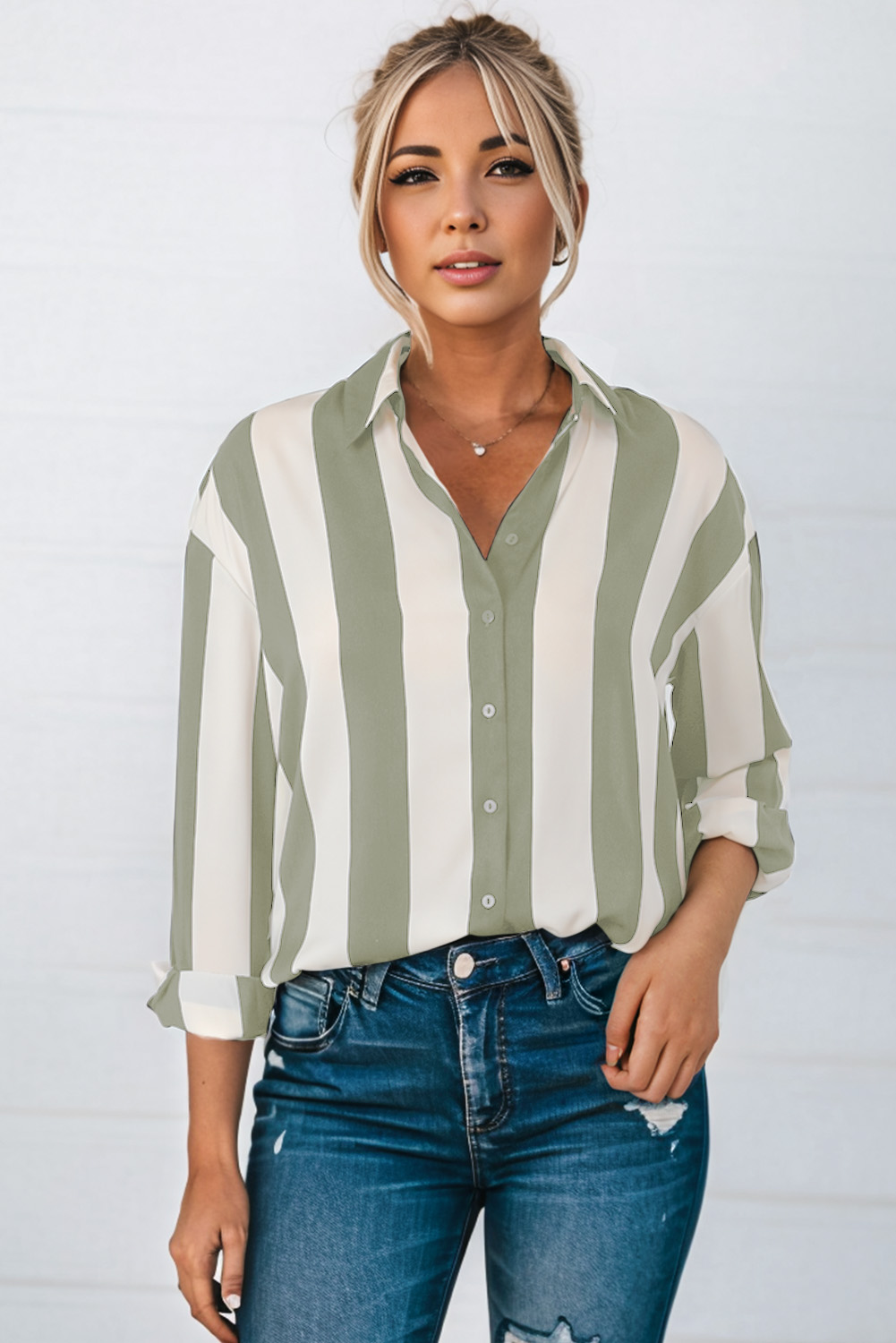 Green Striped Soft Relaxed Button Up Shirt - loveforevers