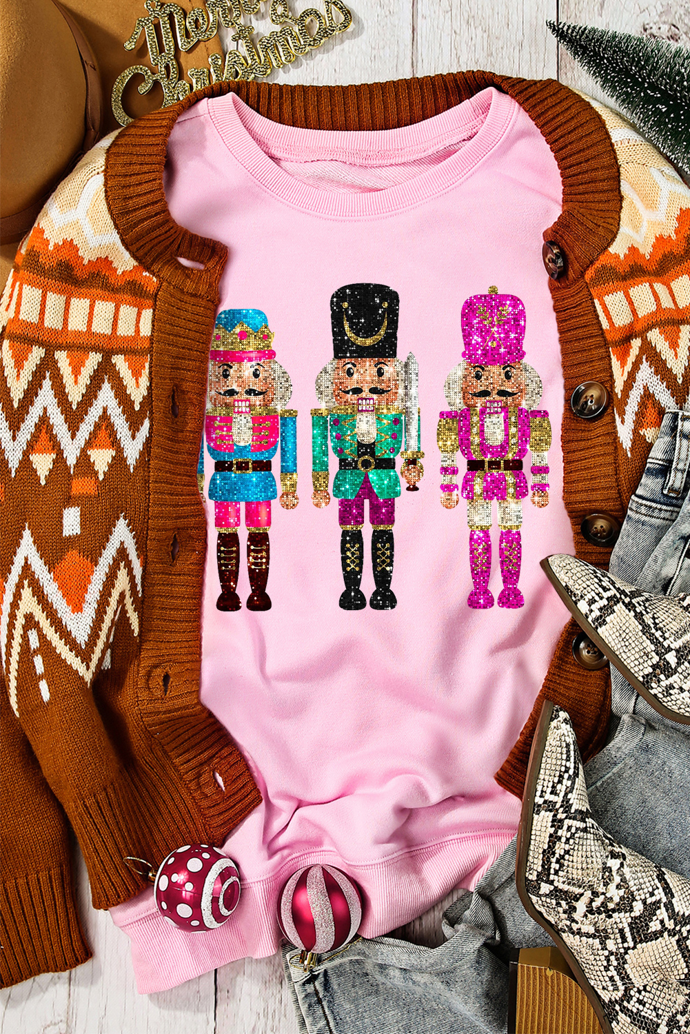 Pink Cute Nutcracker Printed Drop Shoulder Christmas Sweatshirt - loveforevers