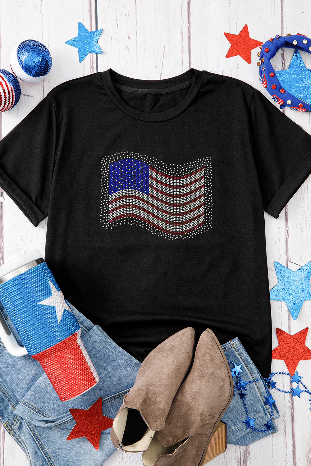 Black Rhinestone American Flag Casual Round Neck Tee - loveforevers
