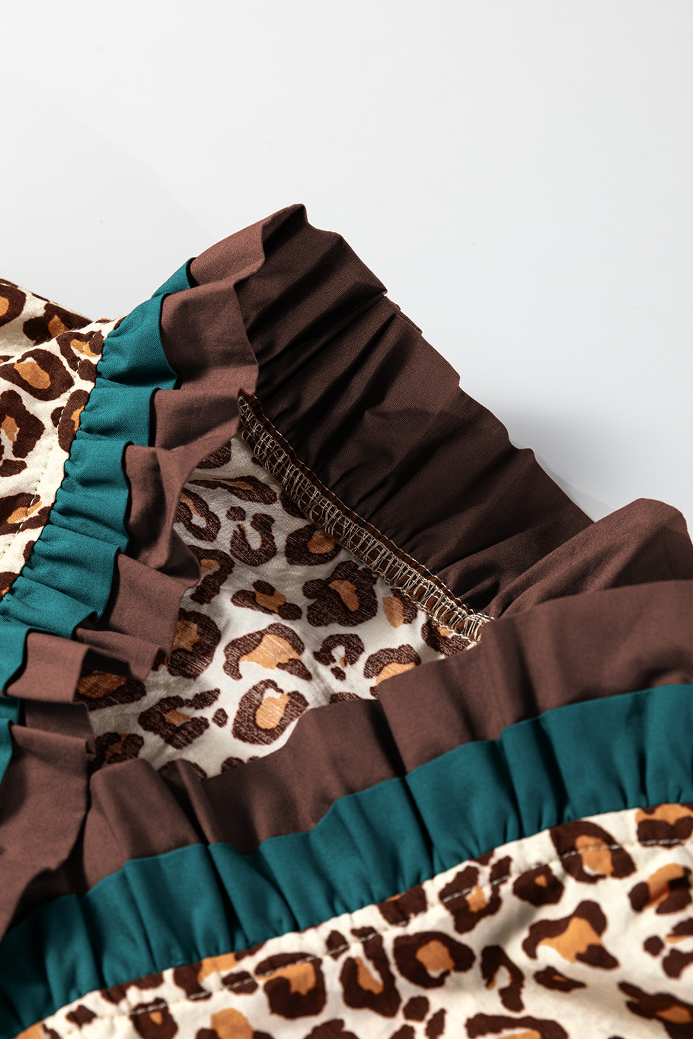 Brown Leopard Print Contrast Frilled Trim Button Down V Neck Shirt - loveforevers