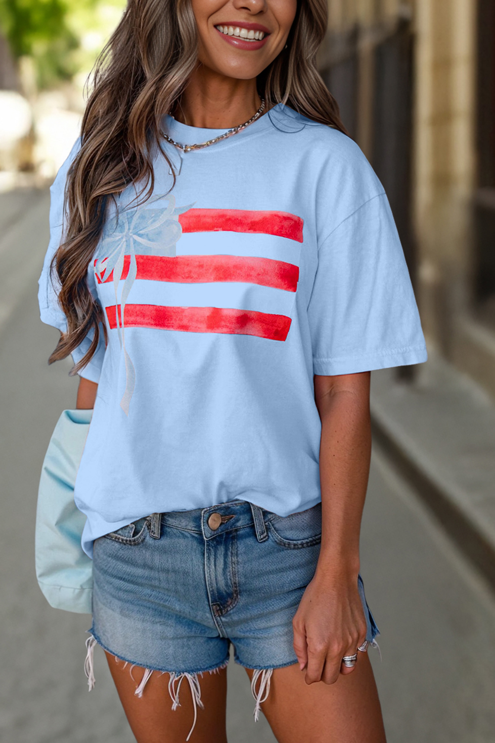 Myosotis Flag Bow Graphic Crewneck Tee - loveforevers