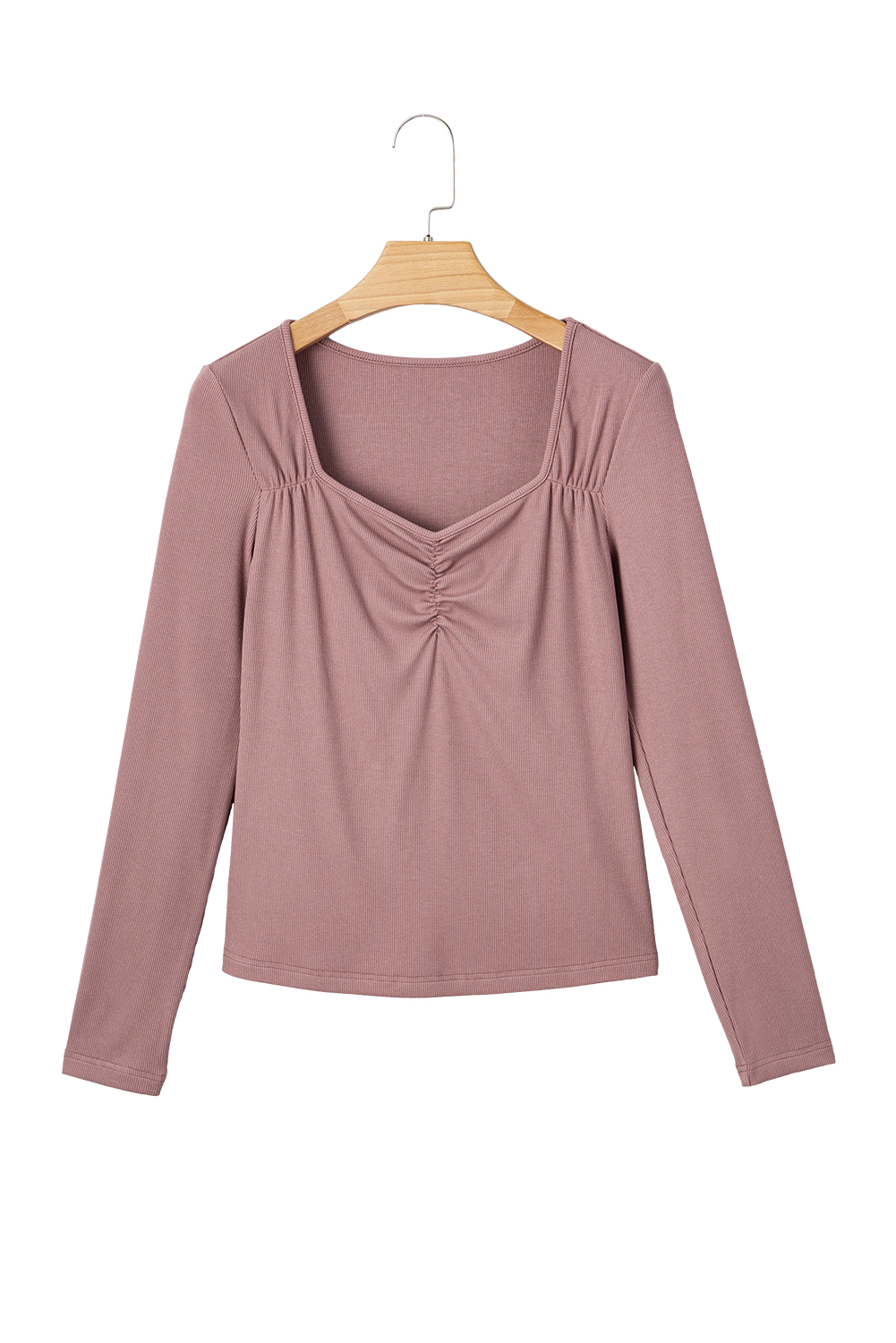 Burgundy Gathered Bust Square Neck Ribbed Fit Long Sleeve Top - loveforevers