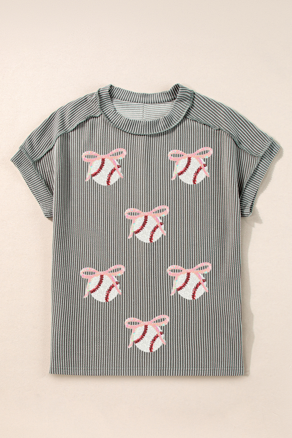 Medium Grey Twist Ribbed Sequined Bow Rugby Game Day Pattern Knit T Shirt - loveforevers