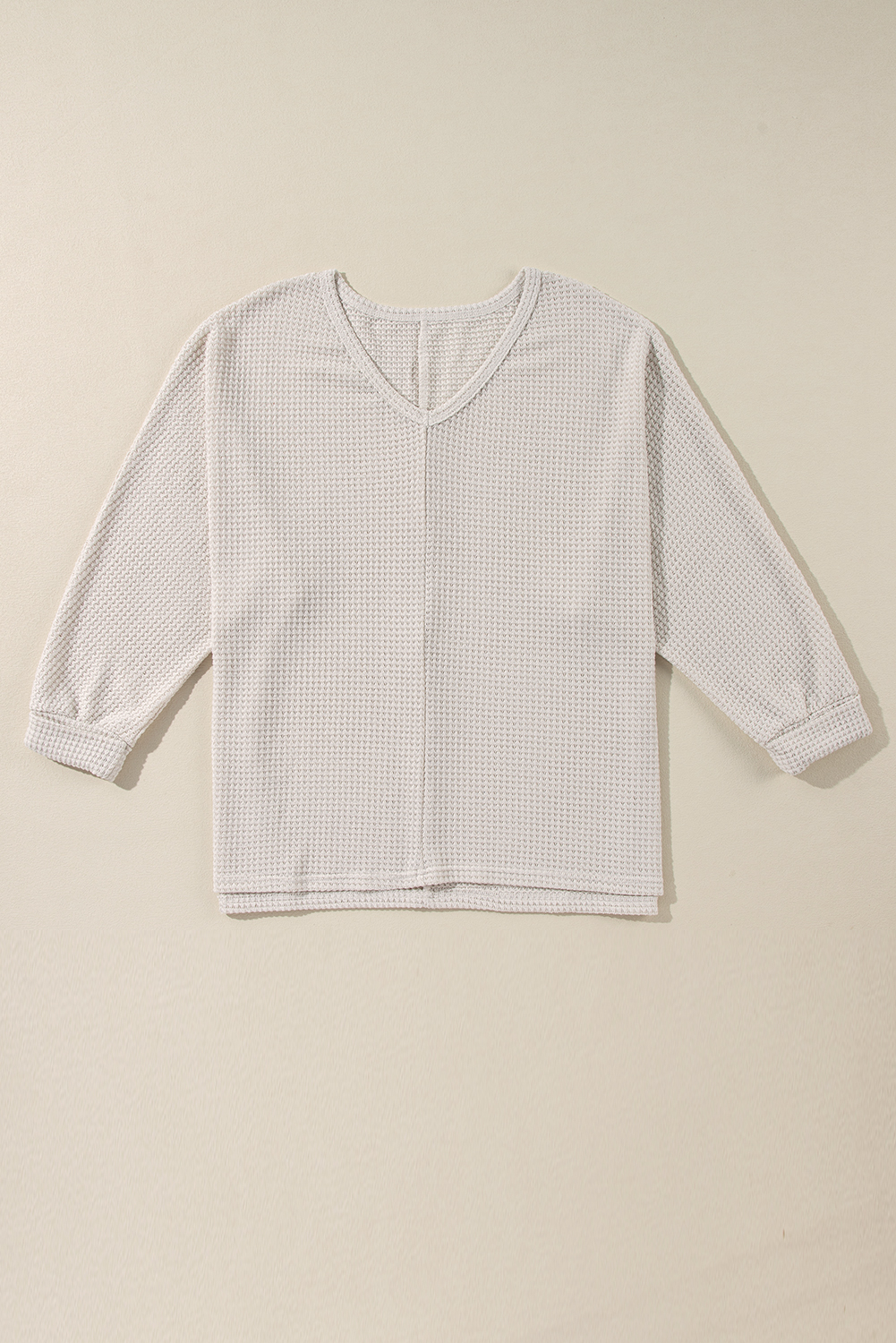 White Waffle Knit Side Slits Loose Fit V Neck Top - loveforevers