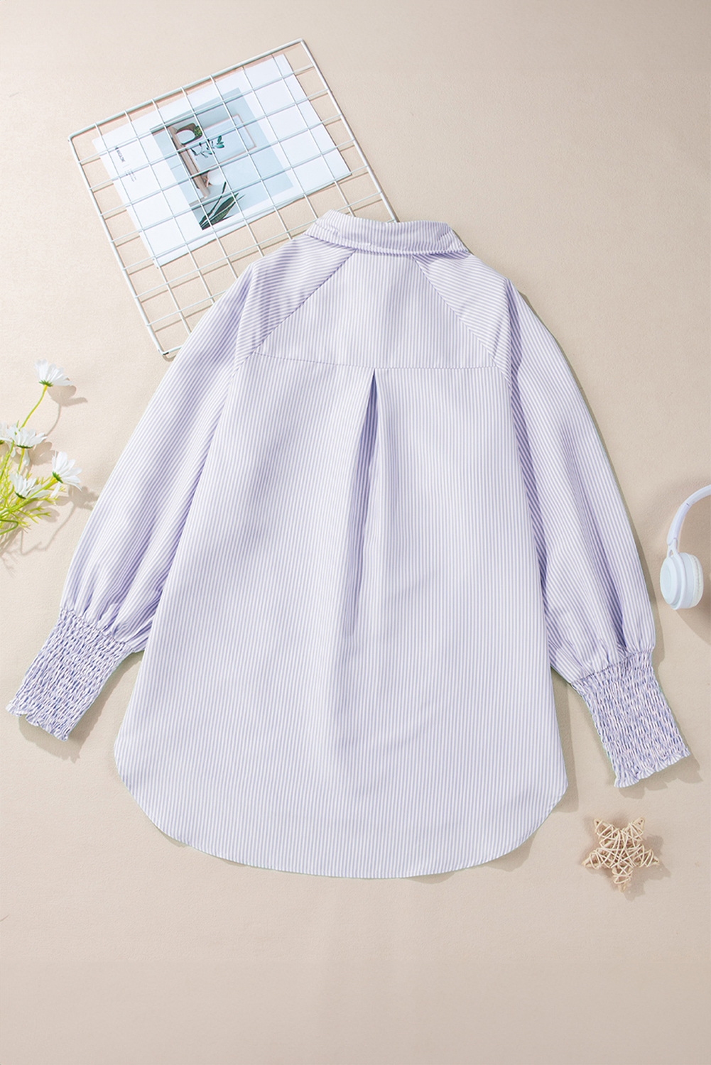 Grass Green Striped Shirred Cuff Buttoned Loose Fit Shirt - loveforevers