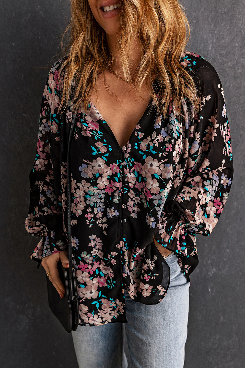 Black Wildflower Print Chiffon Blouse - loveforevers
