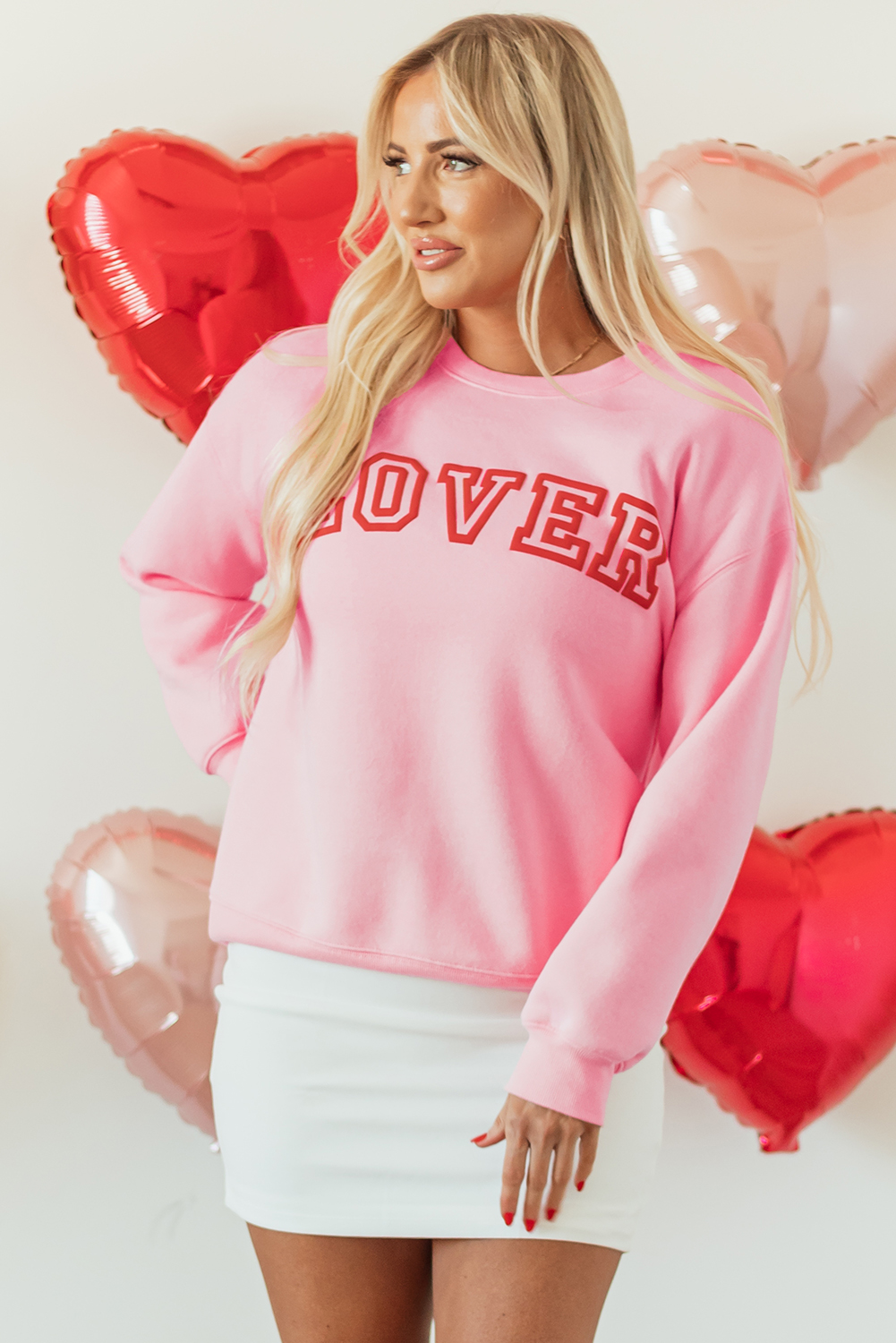 Pink LOVER Puff Print Drop Shoulder Pullover Sweatshirt - loveforevers