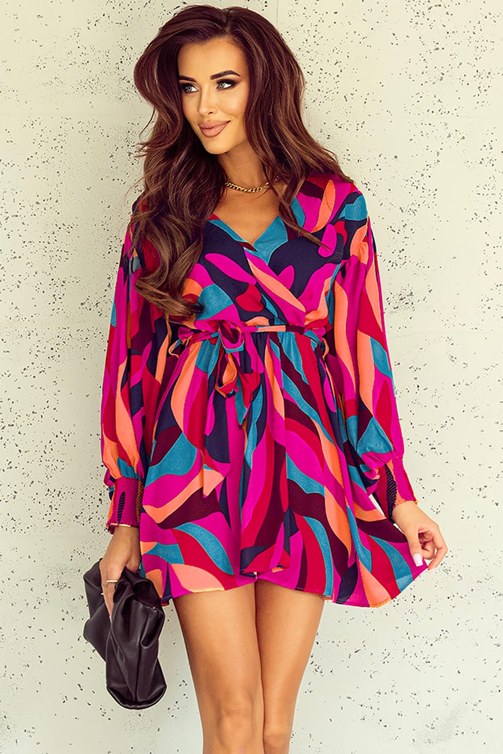 Fiery Red Abstract Printed Belted Puff Sleeve Mini Dress - loveforevers