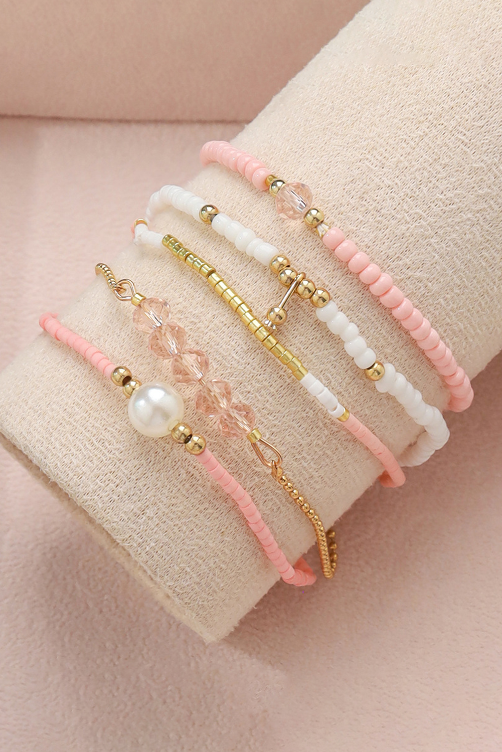 Pink Pearl Crystal Bead Detail 5pcs Elastic Bracelet Set - loveforevers