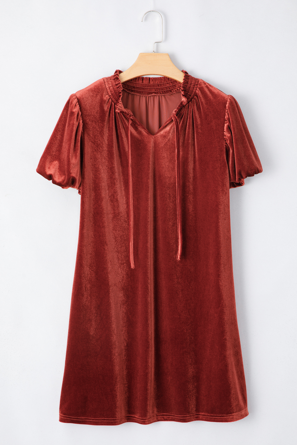 Cinnamon Velvet Smocked Neckline Puff Sleeve Shift Mini Dress - loveforevers