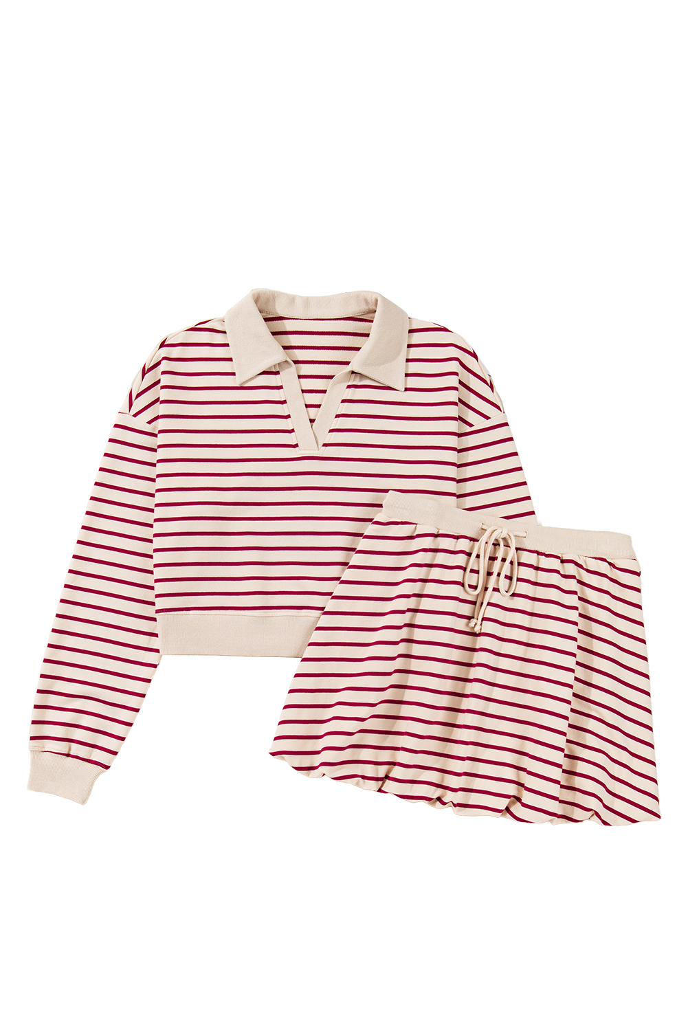 Red Stripe Cropped Collared Drop Shoulder Pullover and Bubble Mini Skirt Set - loveforevers