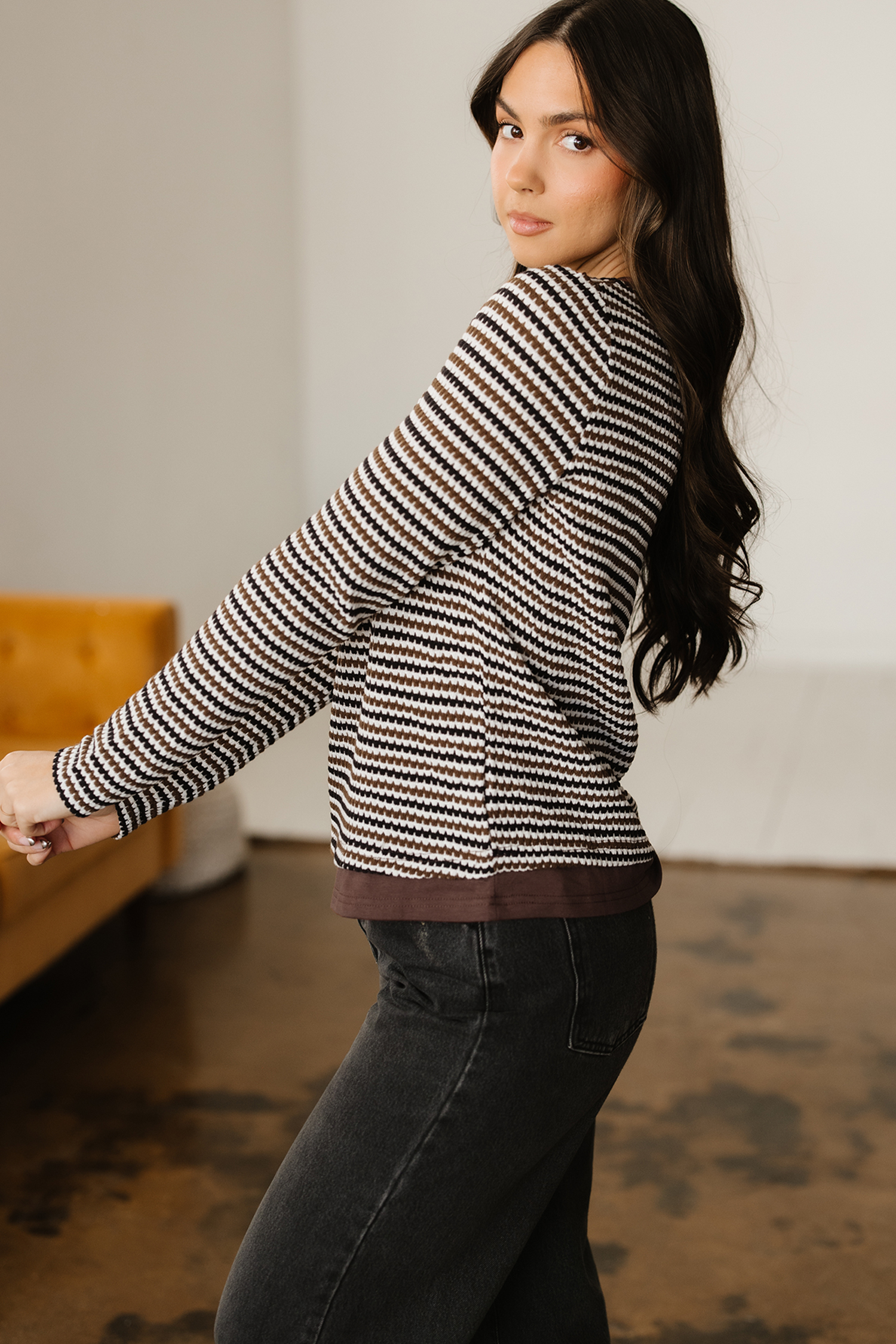 Brown Faux Two Piece Textured Striped Round Neck Long Sleeve T Shirt - loveforevers