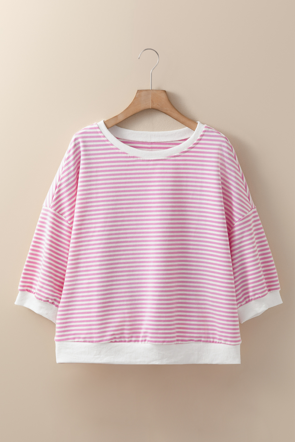 Pink Striped 3/4 Sleeve Drop Shoulder Top - loveforevers