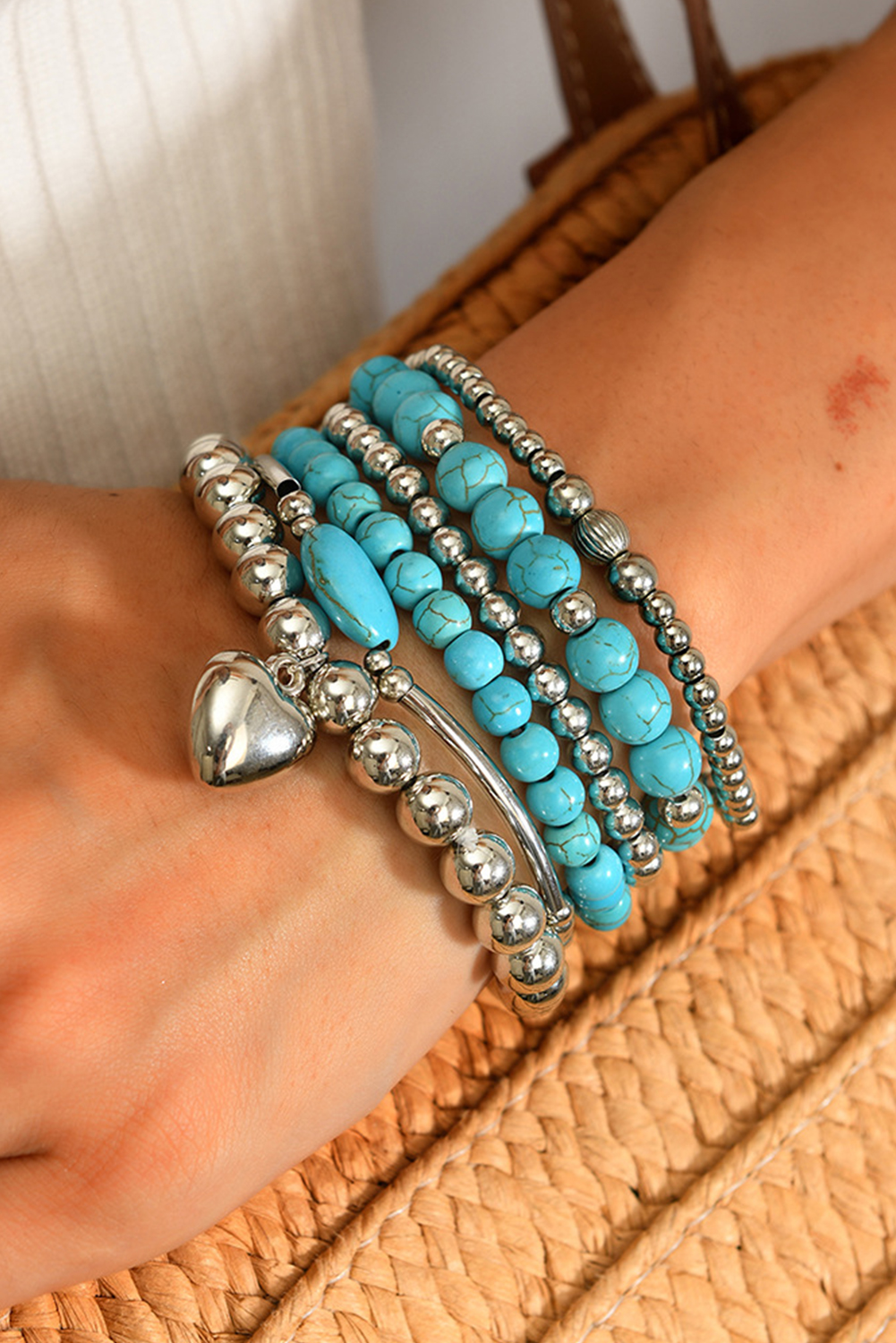 Silvery Pleated Heart Charm Beaded Turquoise Multilayer 6pcs Bracelet Set - loveforevers